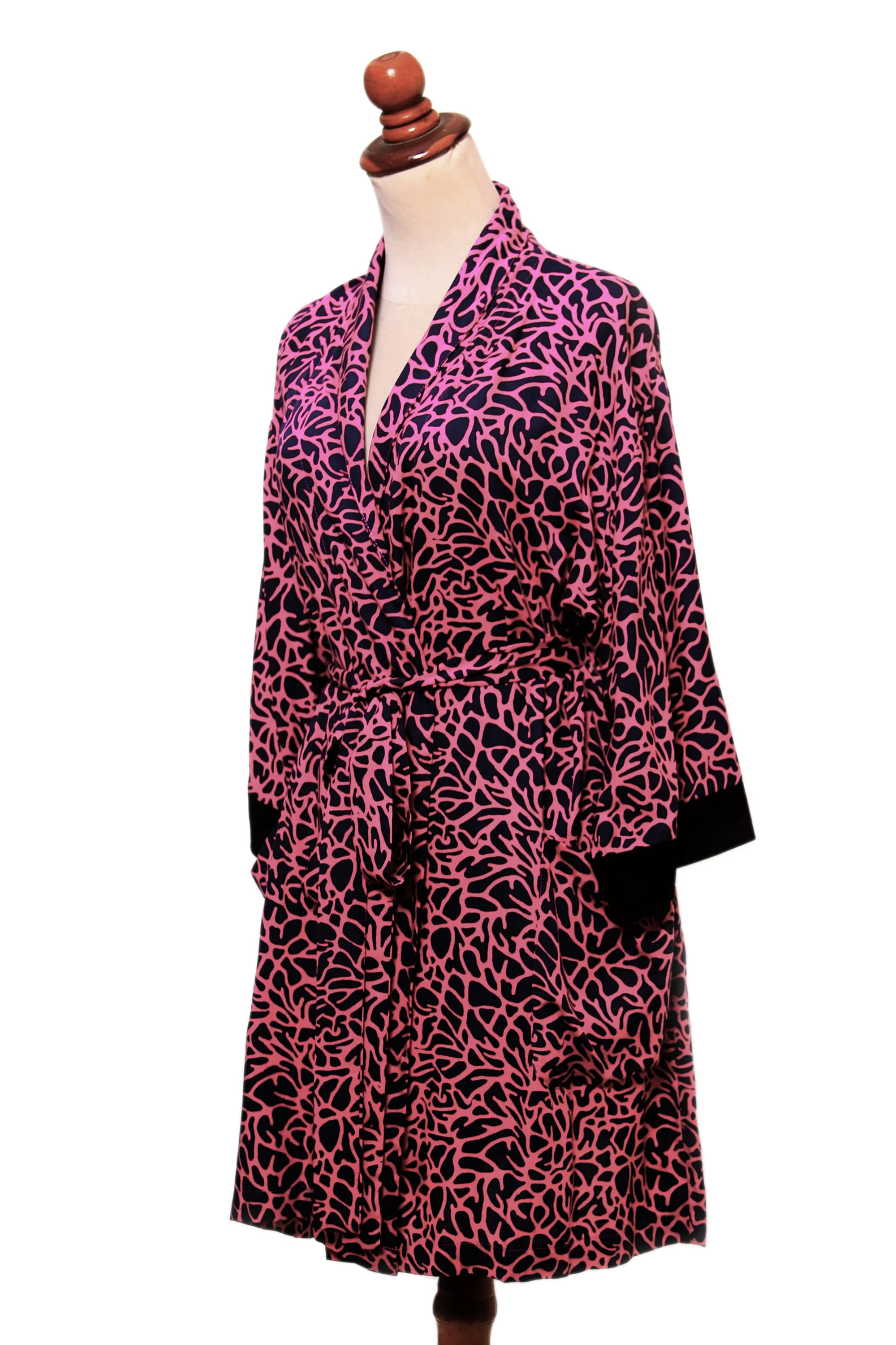 Rose Coral Cotton and Rayon Blend Robe in Rose and Navy from Bali - Image 4