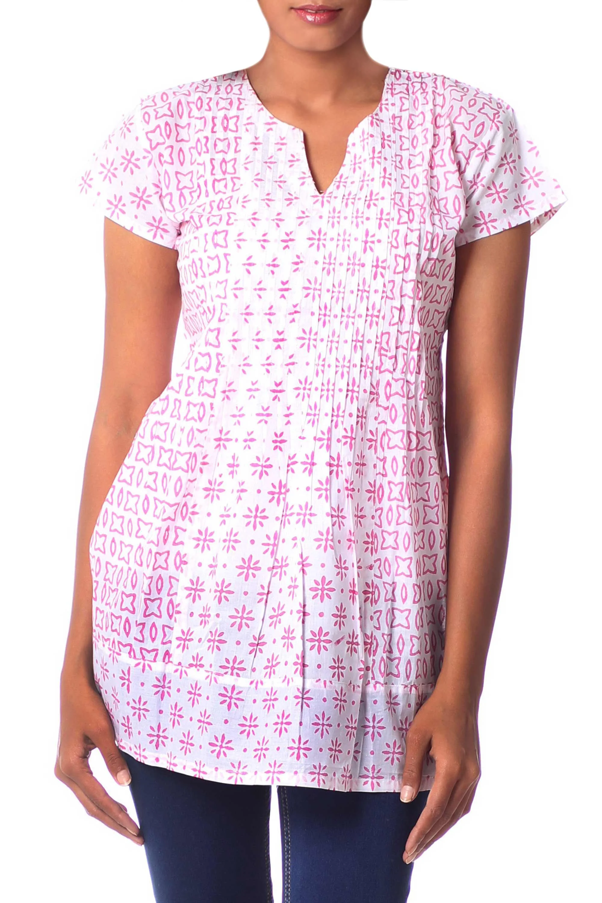 Rose Harmony Indian Floral Cotton Pink and White Tunic Top - Image 2