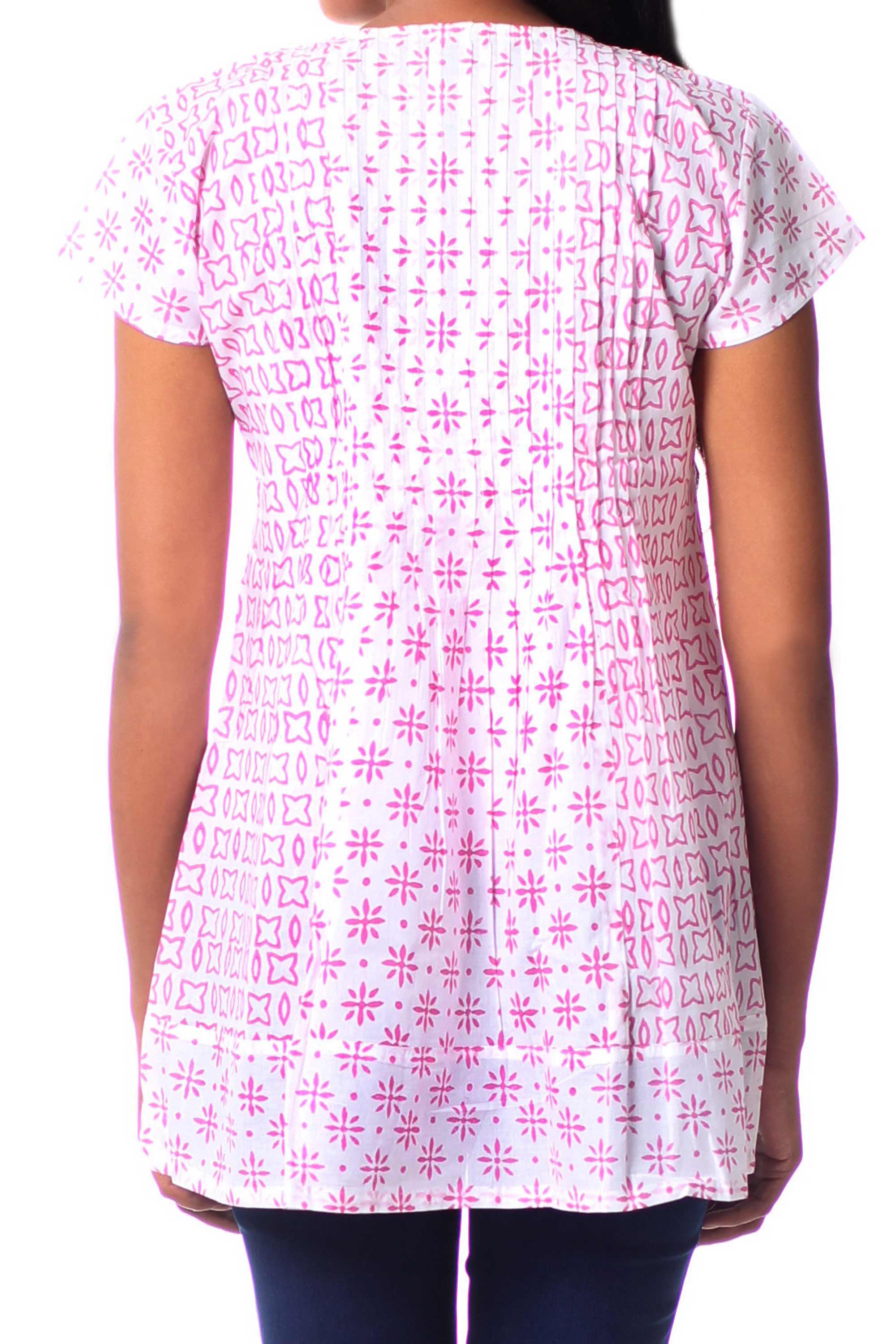 Rose Harmony Indian Floral Cotton Pink and White Tunic Top - Image 3