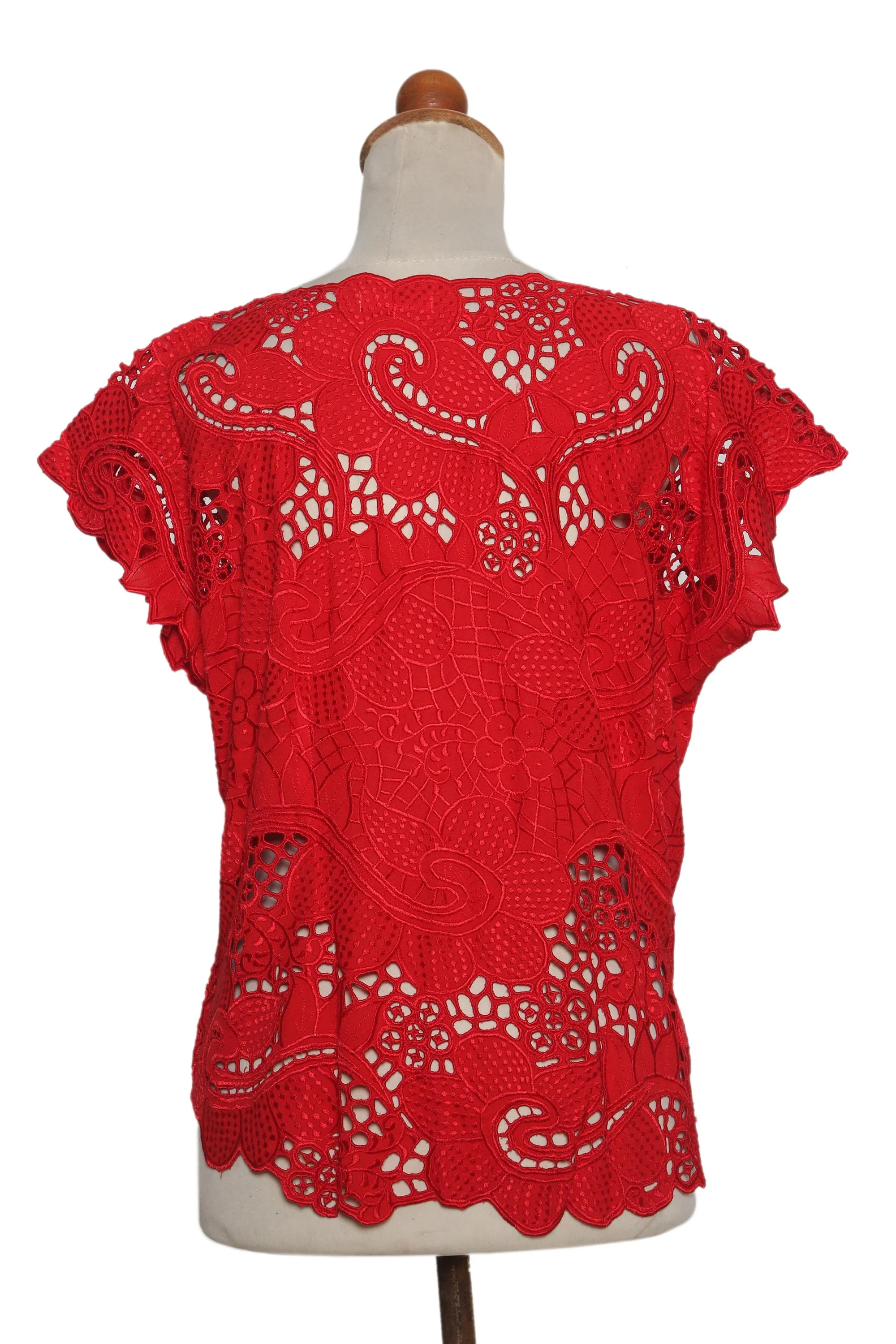 Rose Mallow in Red Red Floral Openwork and Embroidered Rayon Top - Image 4
