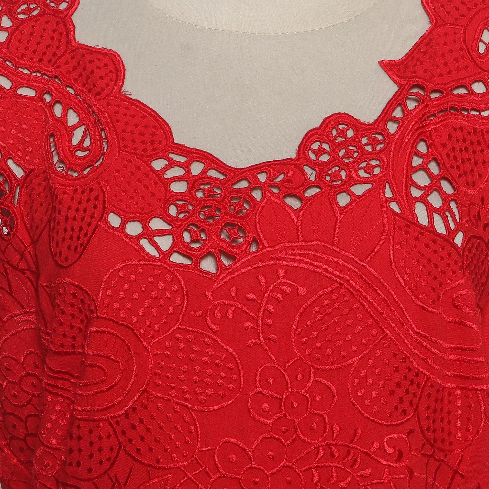 Rose Mallow in Red Red Floral Openwork and Embroidered Rayon Top - Image 5