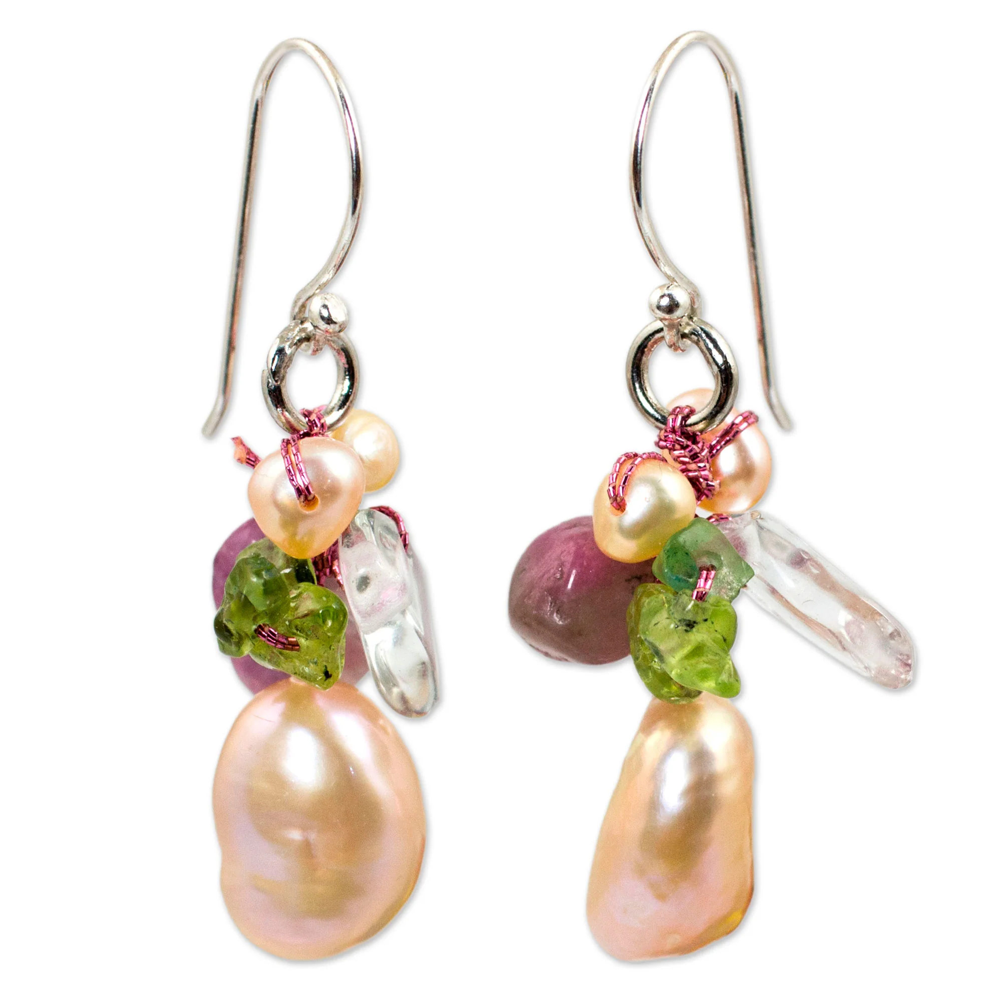 Rosy Dawn Multi-Gem & Pearl Cluster Earrings - Image 2
