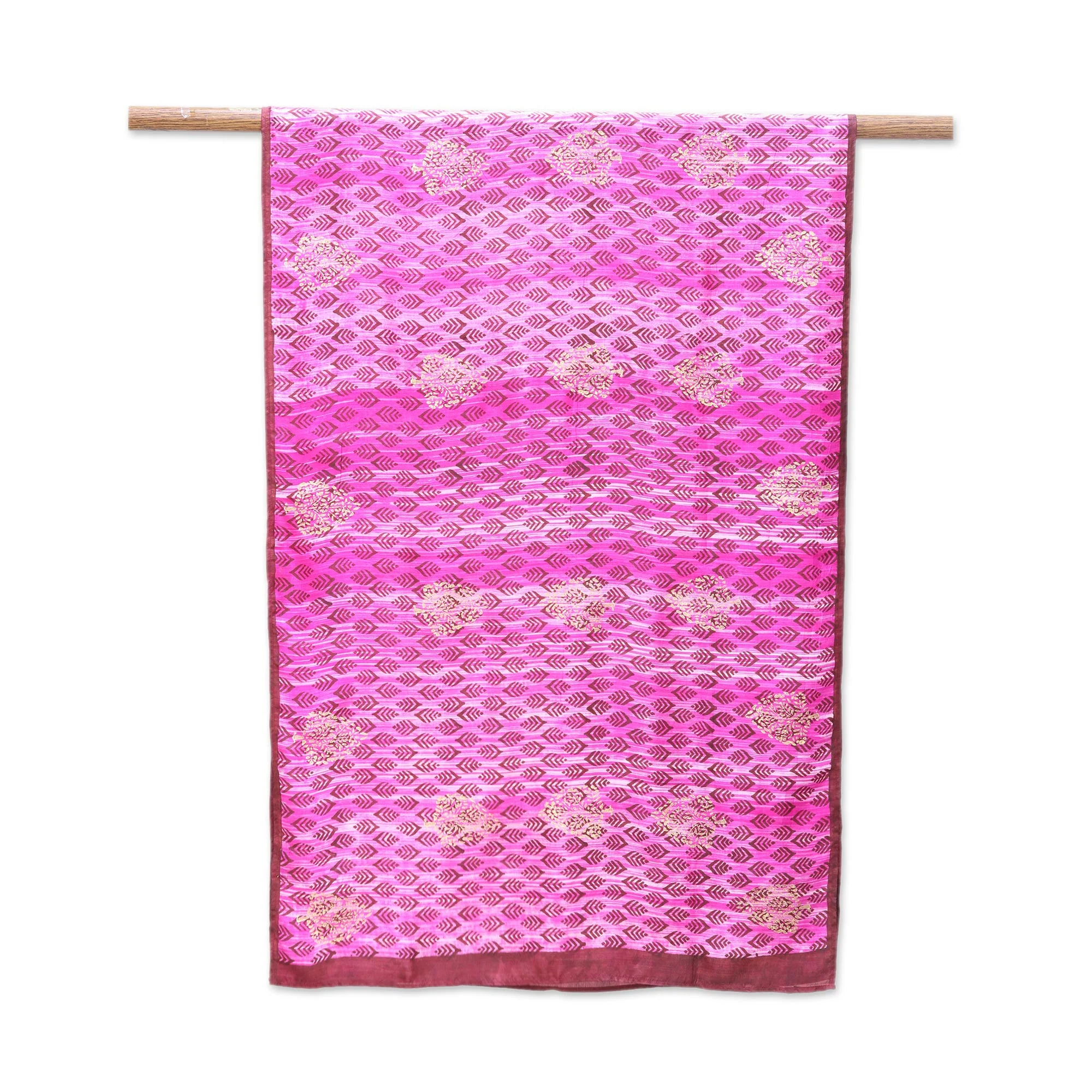 Rosy Leaves Red with Brown Leaf and Tree Hand Printed 100% Silk Shawl - Image 2