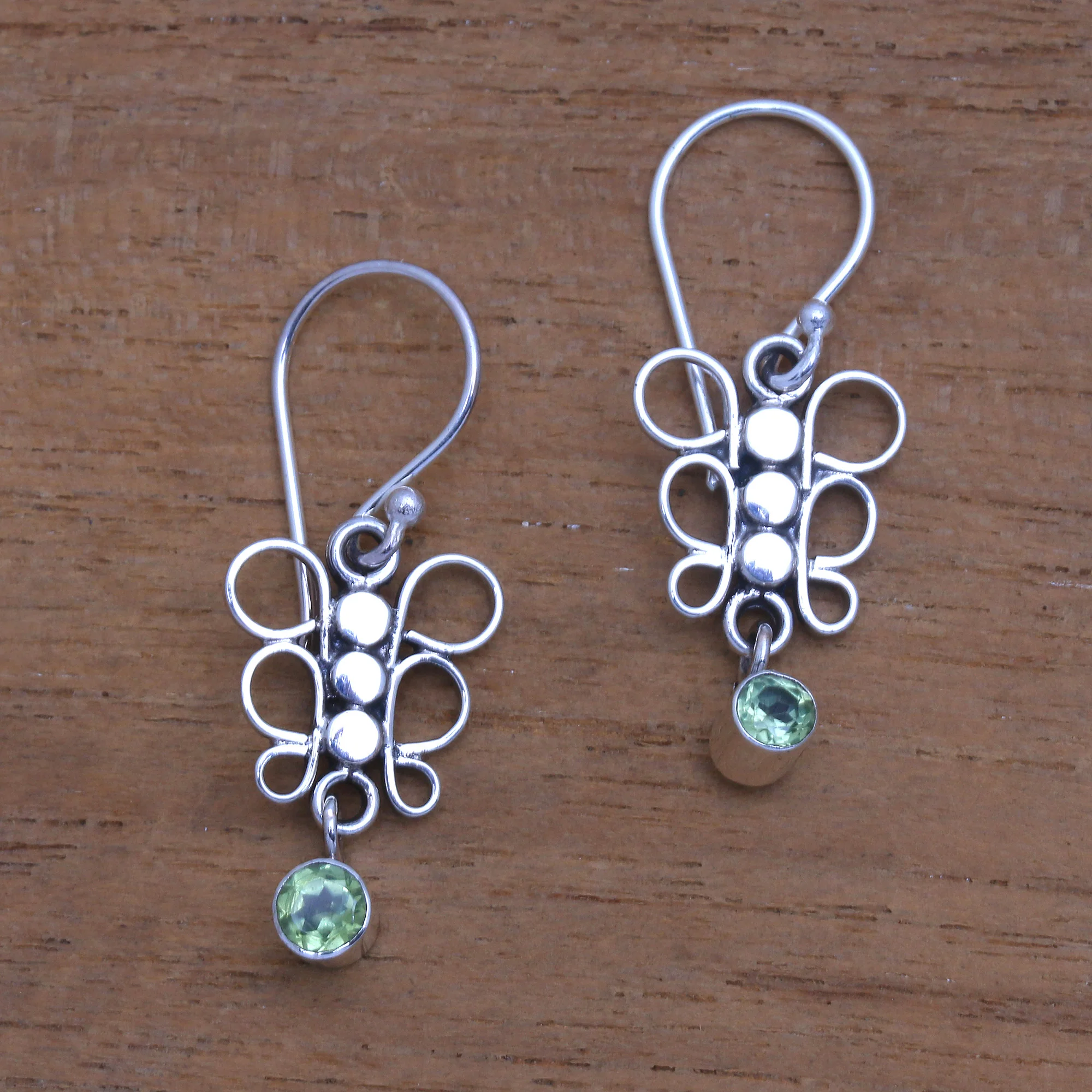 Round Butterfly Circle Motif Peridot Dangle Earrings from Bali - Image 3
