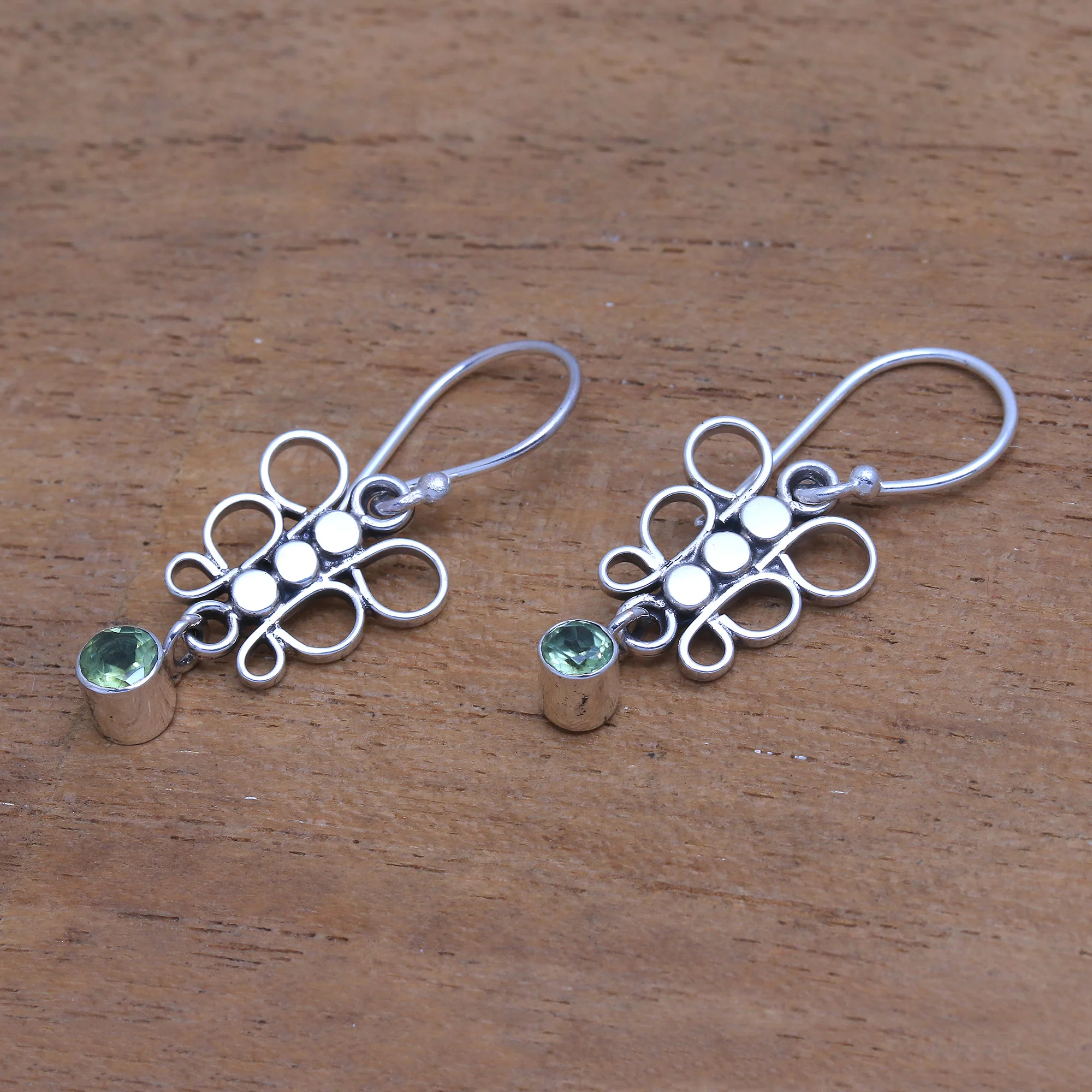 Round Butterfly Circle Motif Peridot Dangle Earrings from Bali - Image 4