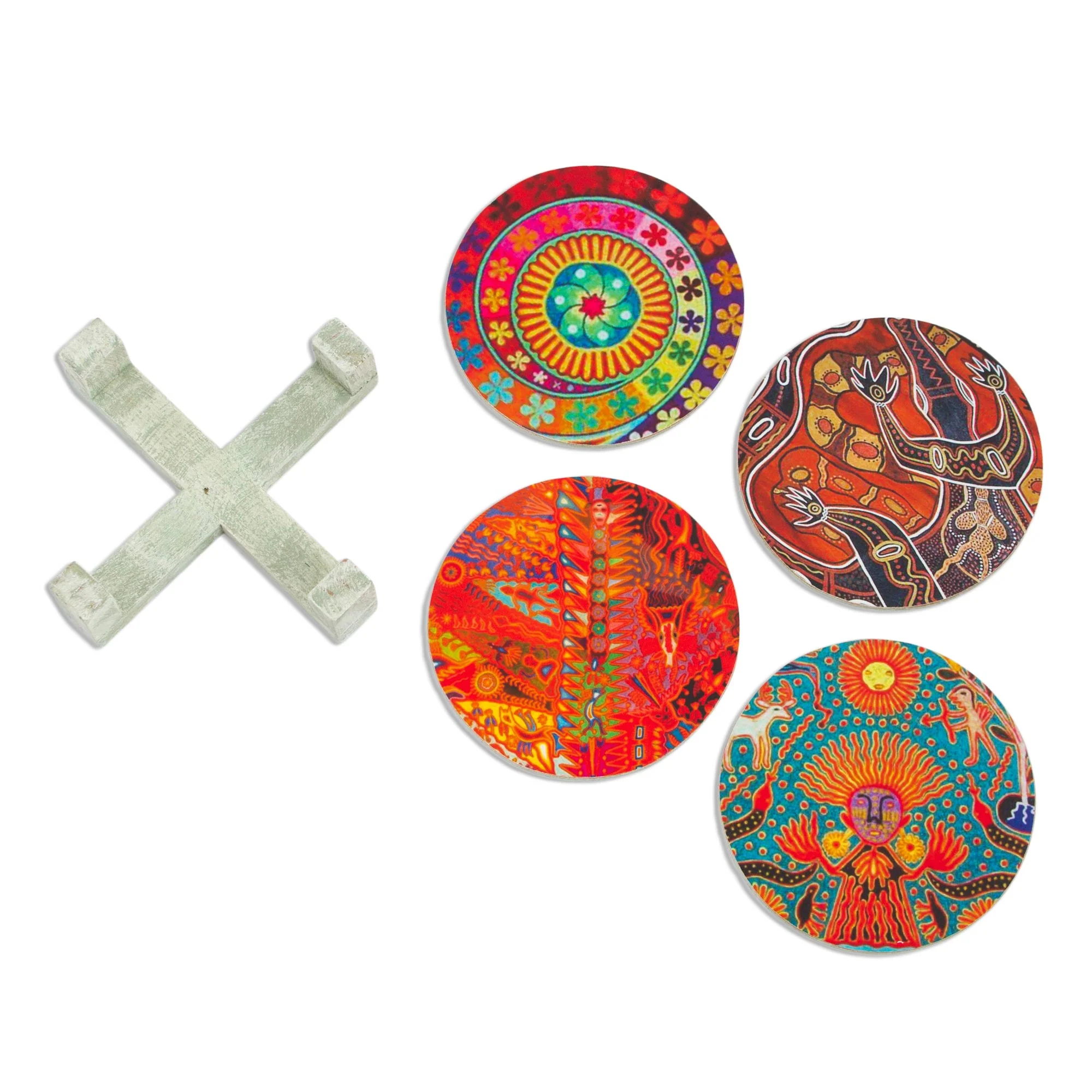 Round Huichol Four Round Multicolored Mexican Pinewood Decoupage Coasters - Image 5