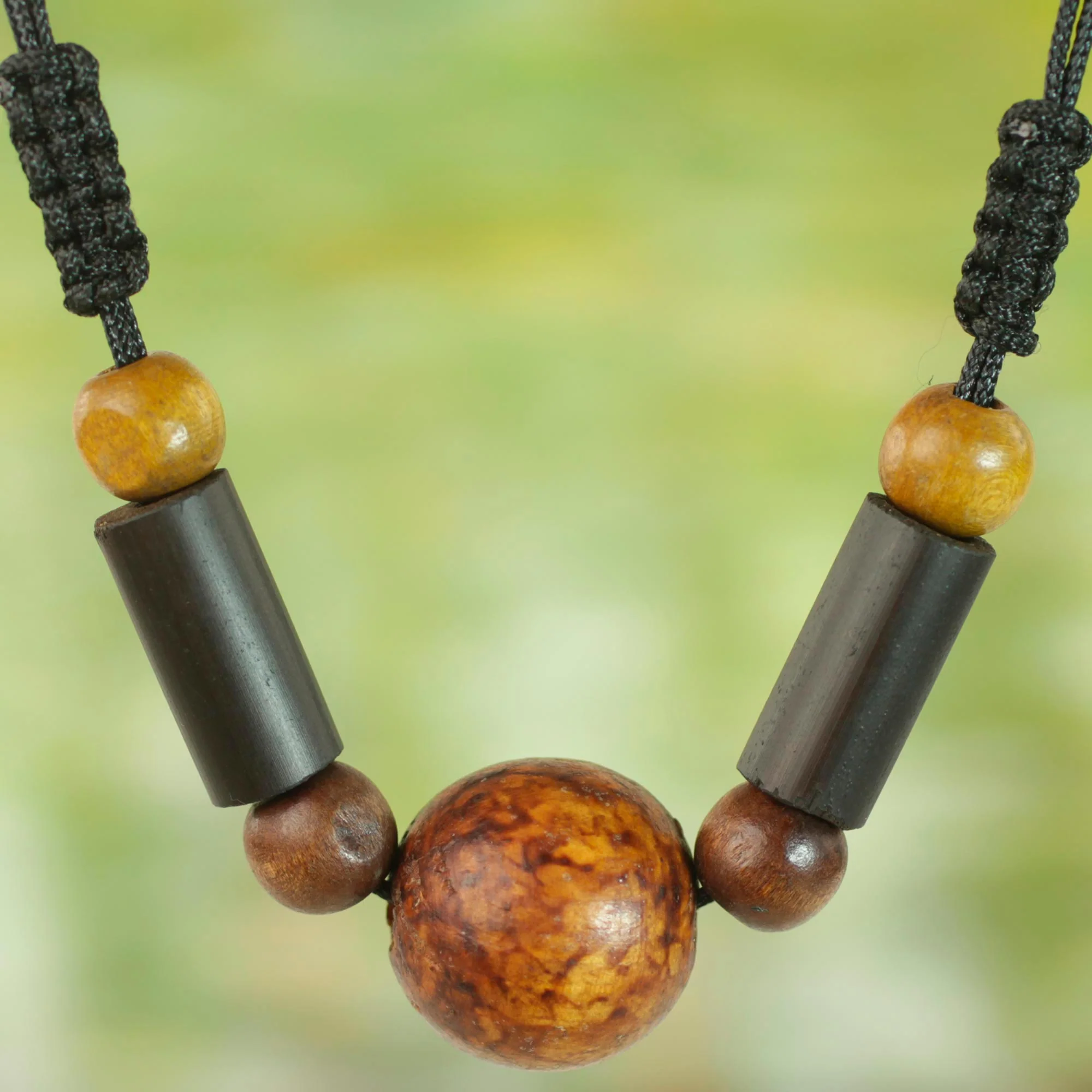 Round Might Sese Wood and Bamboo Cord Pendant Necklace from Ghana - Image 3