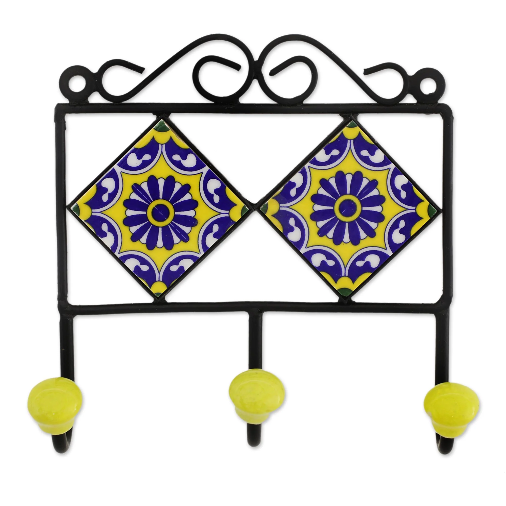 Royal Blossoms Painted Floral Ceramic Coat Rack in Yellow from India - Image 2