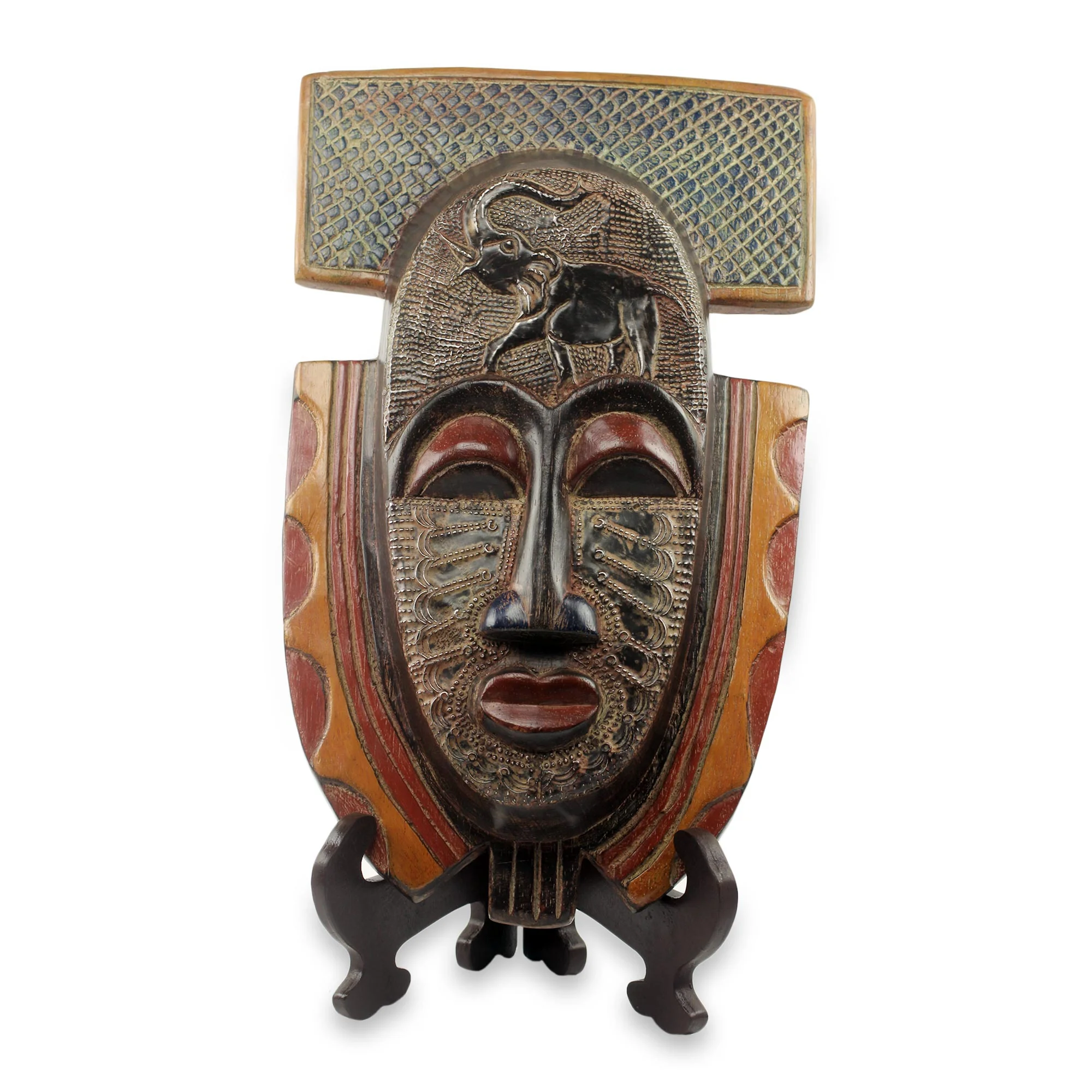 Royal Elephant Elephant Theme Hand Made African Mask and Stand from Ghana - Image 2
