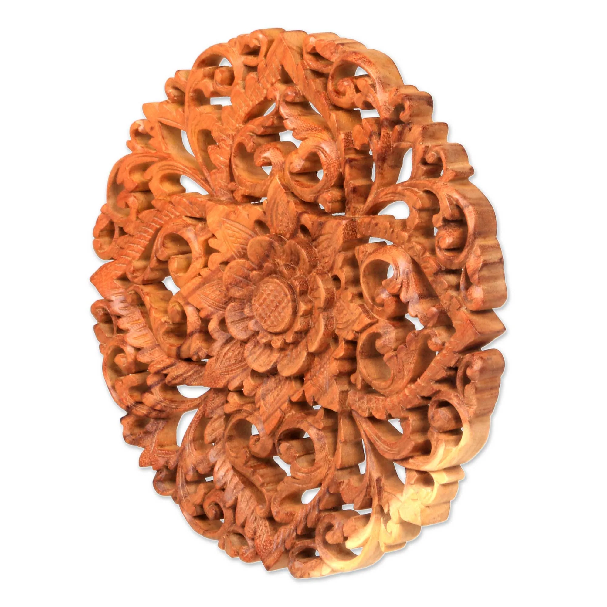 Royal Flower Traditional Balinese Floral Wood Round Relief Panel Carving - Image 3