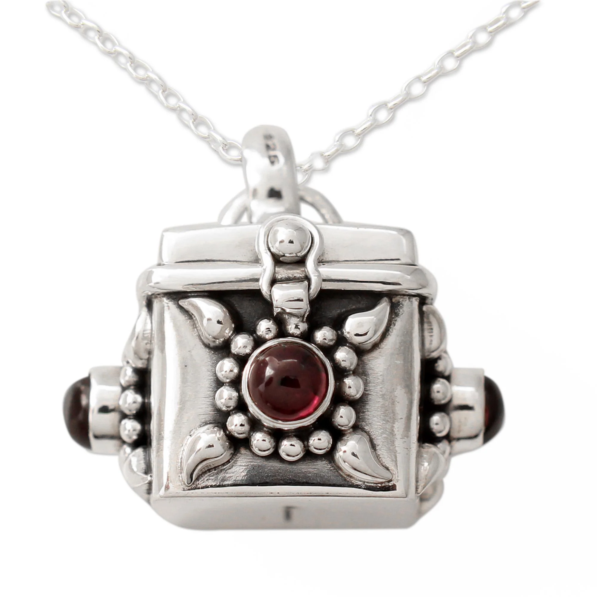 Royal Prayer Artisan Crafted Prayer Box Necklace in Silver with Garnet - Image 2