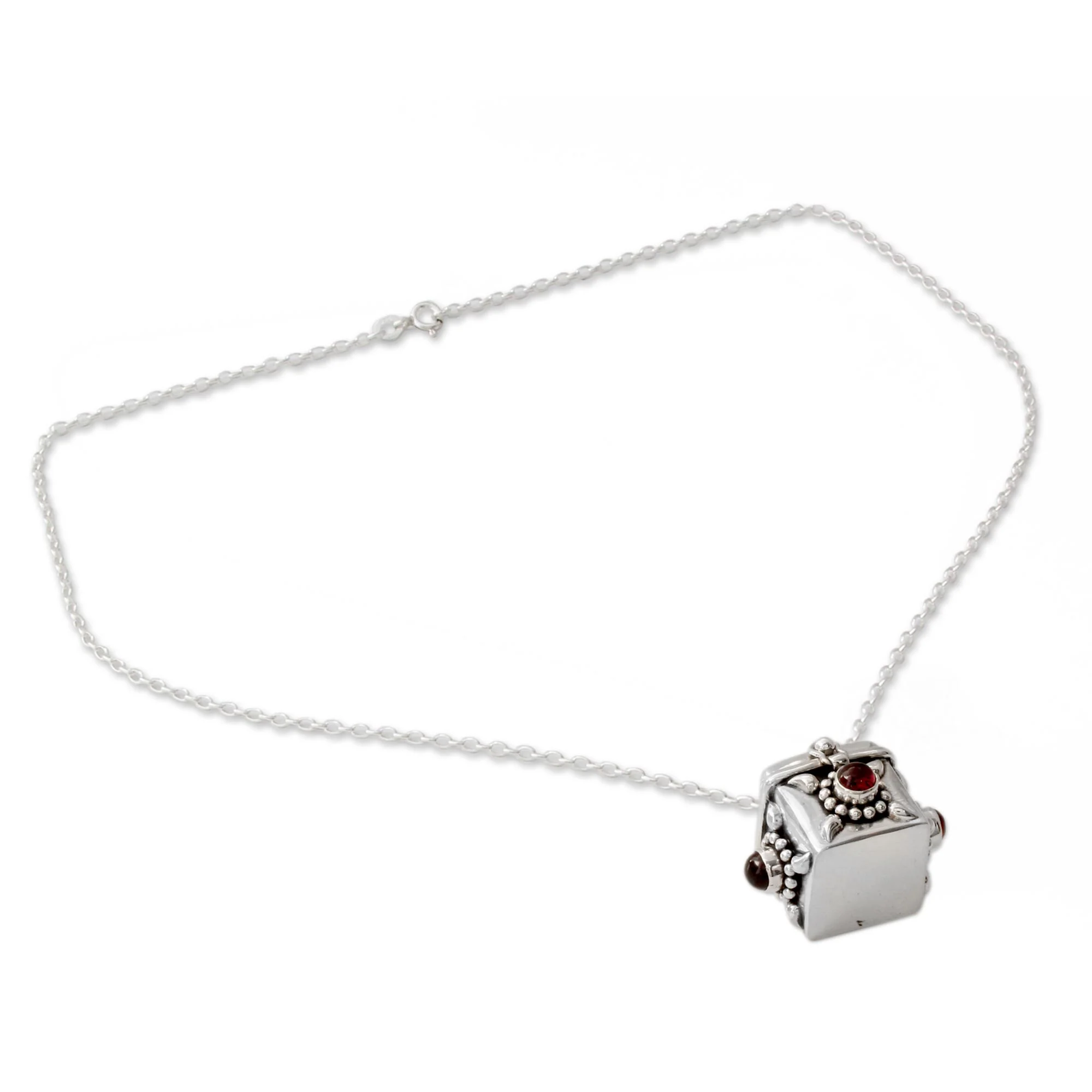 Royal Prayer Artisan Crafted Prayer Box Necklace in Silver with Garnet - Image 3