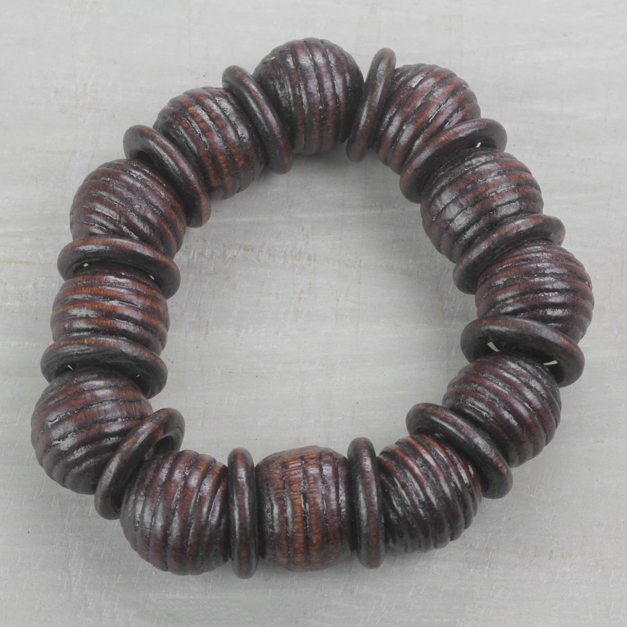 Royal Rings in Dark Brown Dark Brown Sese Wood Beaded Stretch Bracelet from Ghana - Image 3