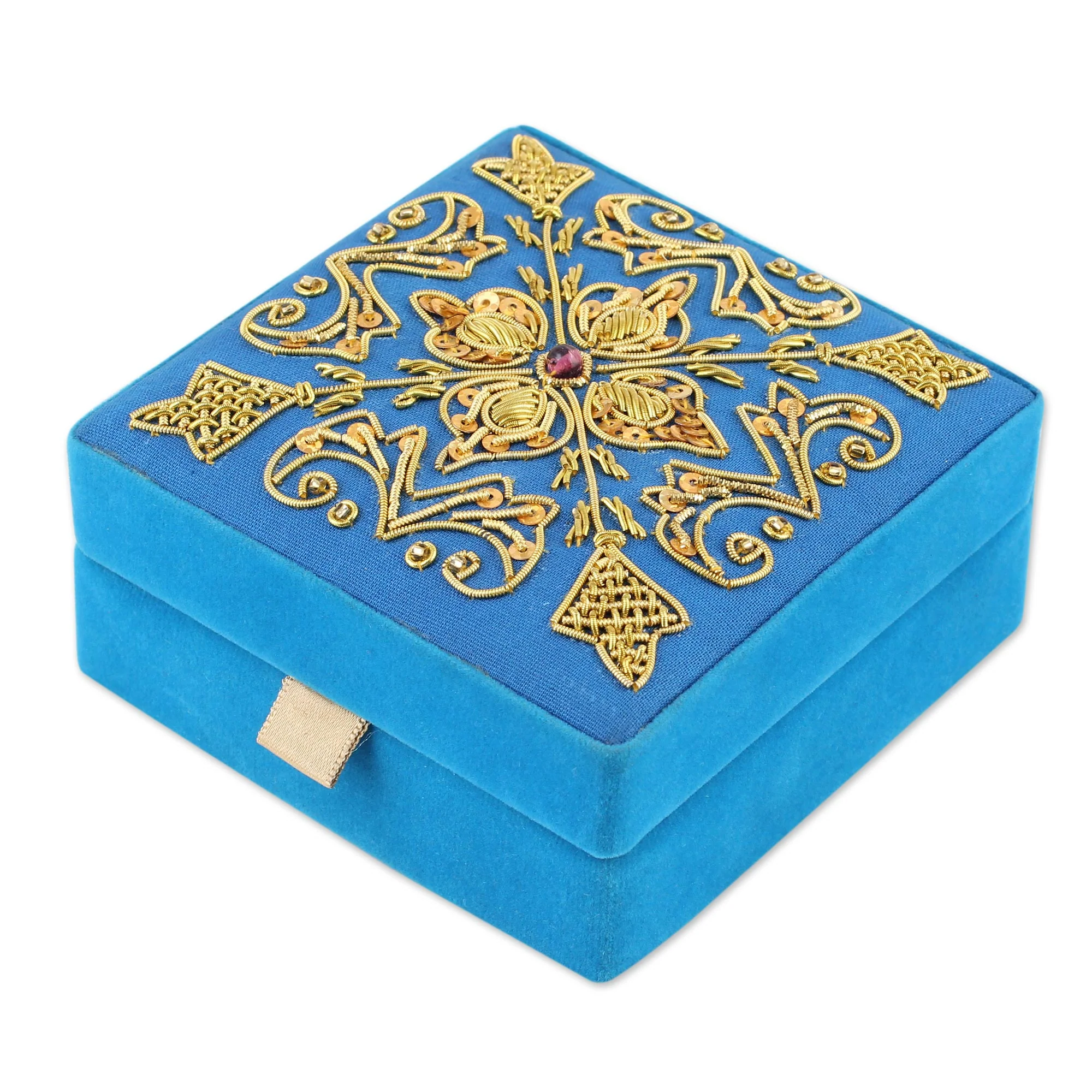 Royal Sky Blue Embroidered Decorative Wood Box from India - Image 5