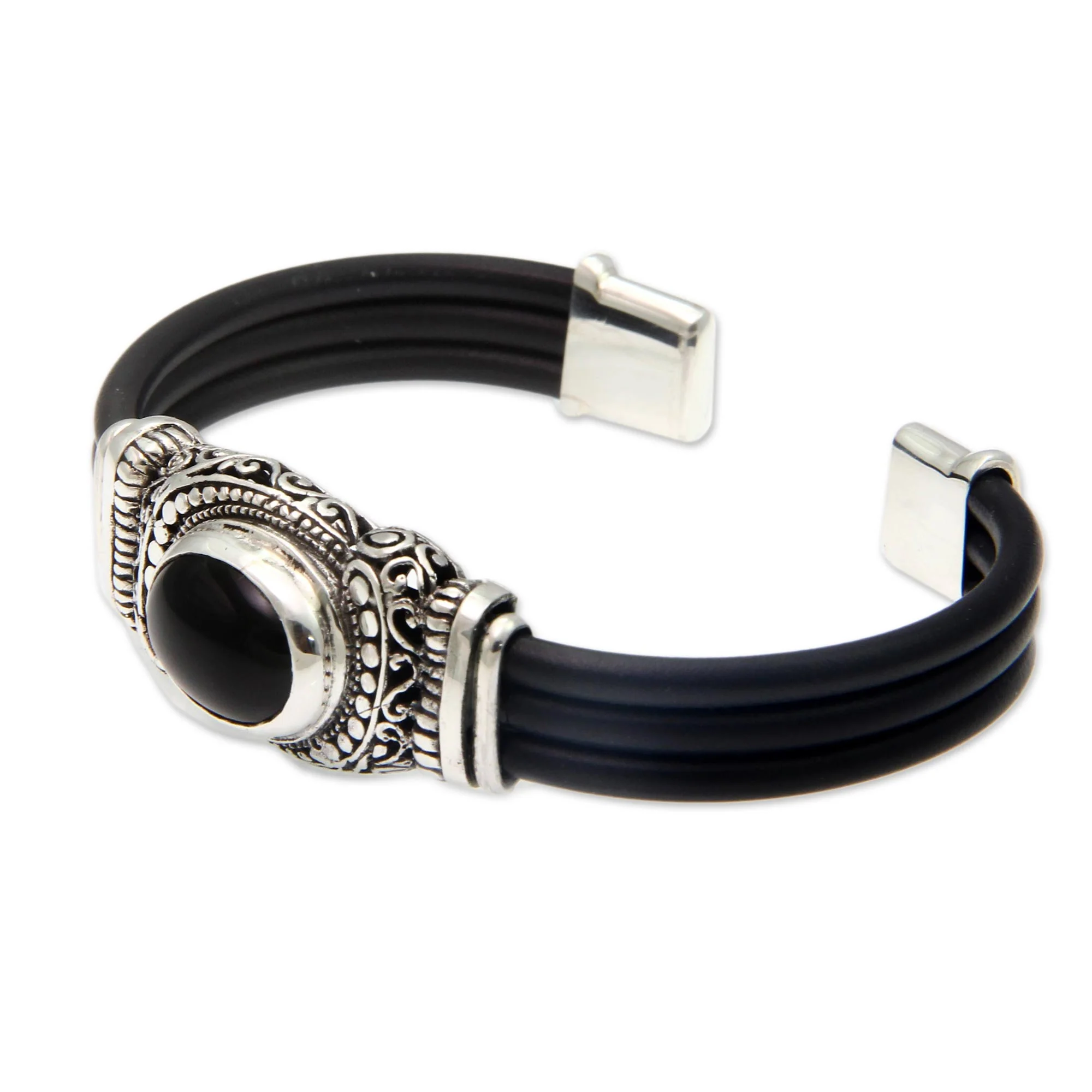 Royal Splendor Onyx Silver & Rubber Cuff Bracelet - Image 3