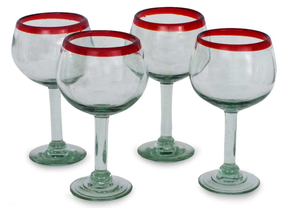 Ruby Globe Set of 4 Hand Blown Wine Glasses Clear with Red Rim Mexico - Image 2