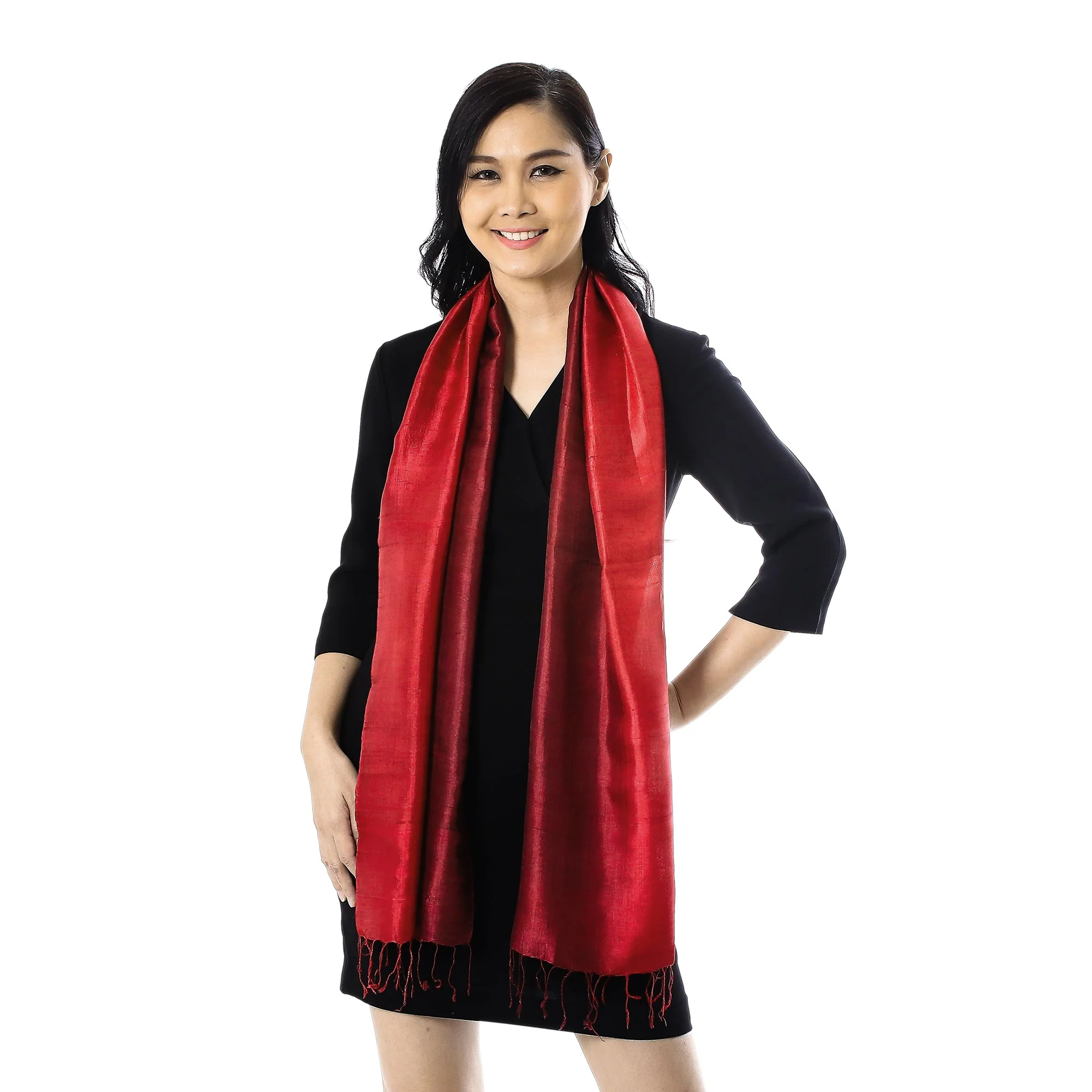 Ruby Love Ruby Red Tie-Dyed Handwoven Silk Scarf with Fringe - Image 2