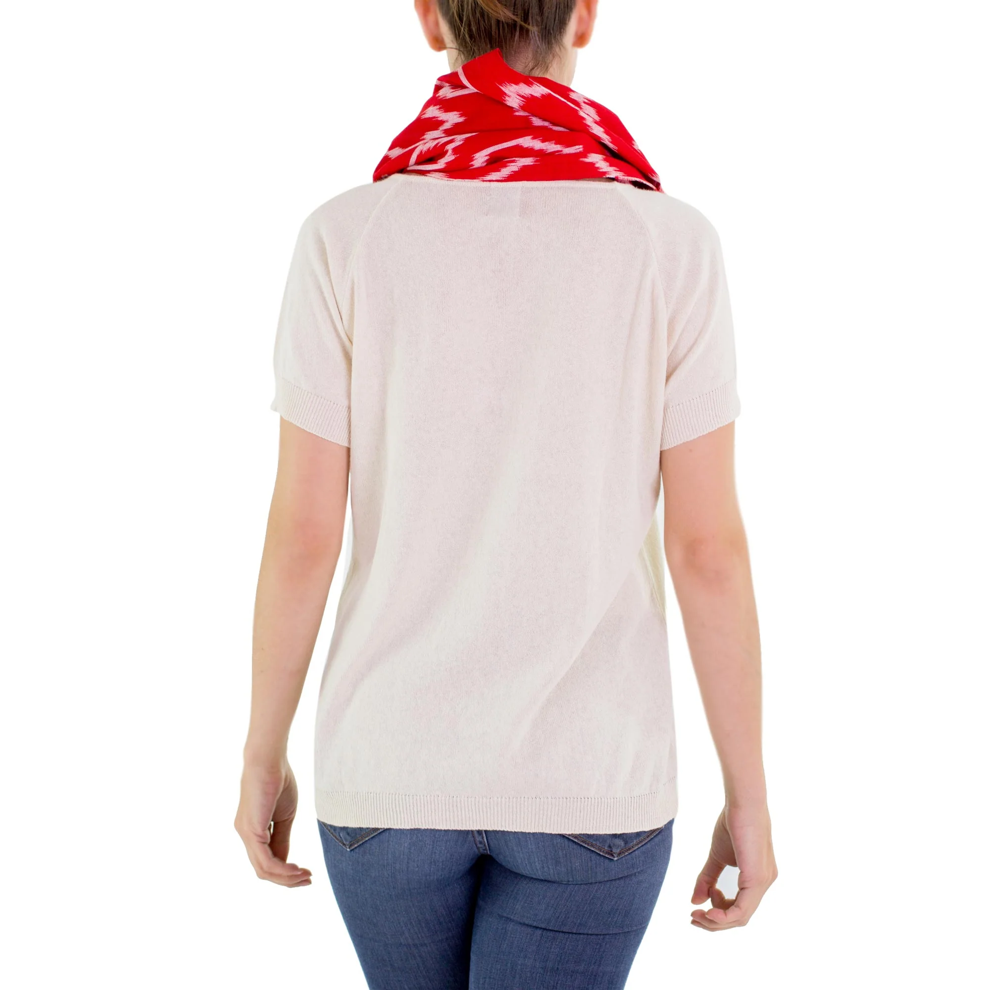 Ruby Maya Red White Patterned Infinity Scarf in Hand Woven Cotton - Image 3