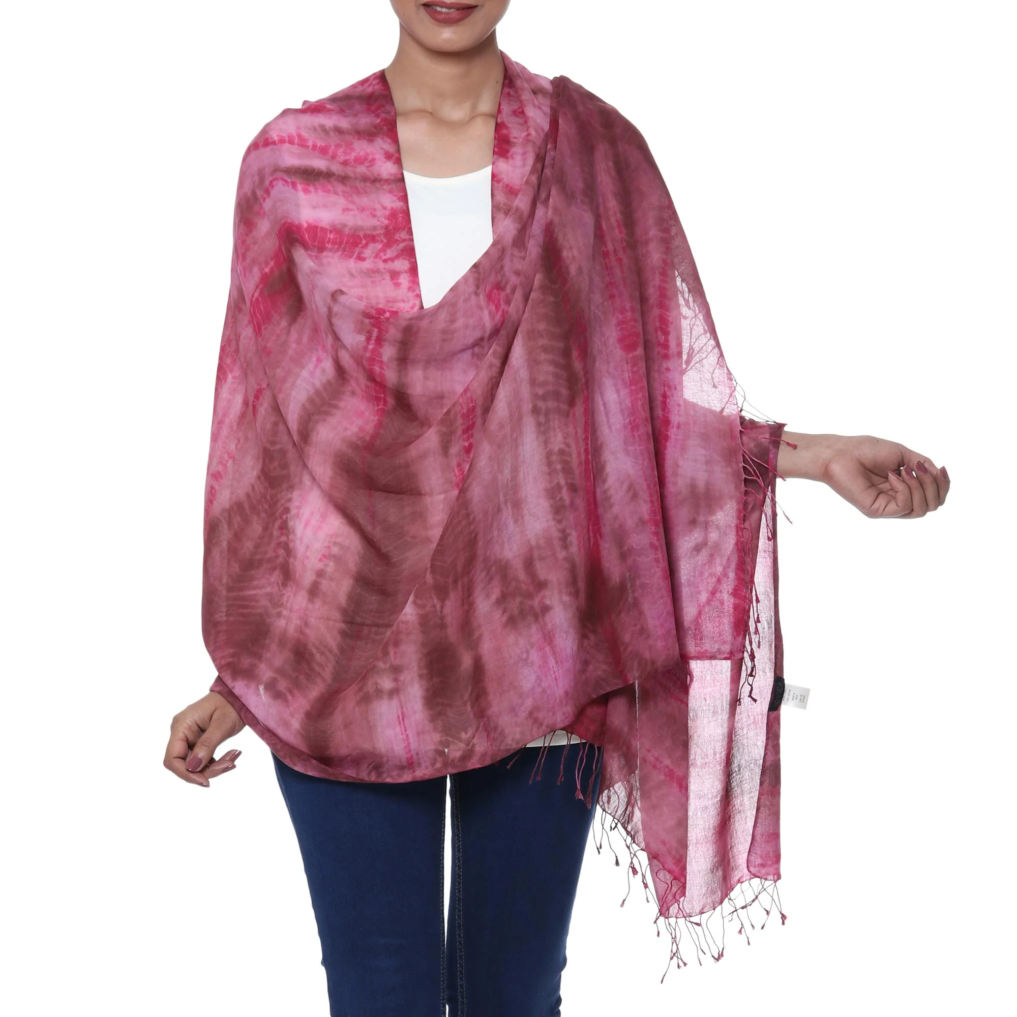 Ruby Tides Handmade Tie-Dyed Ruby Red Cotton Shawl with Fringe - Image 2