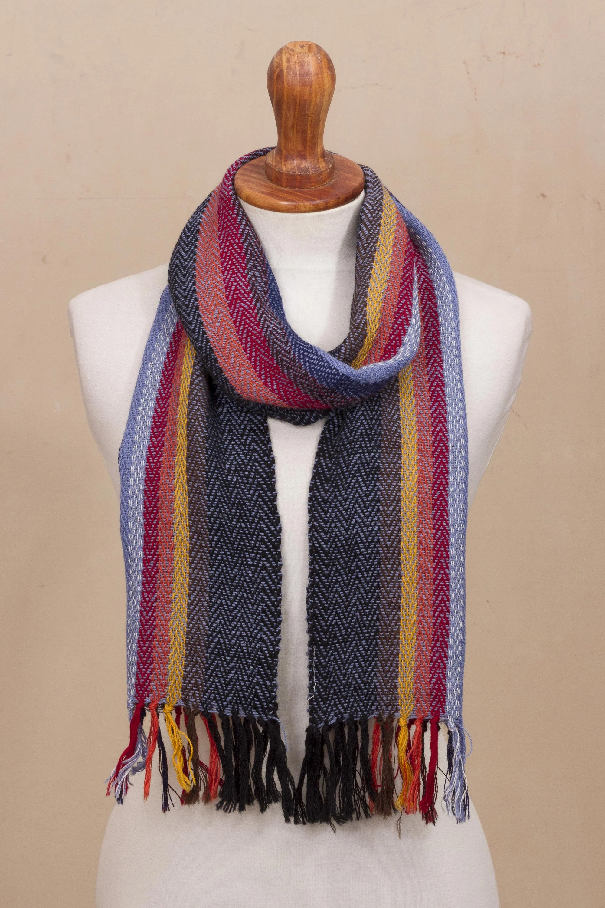 Rugged Rainbow Soft Black with Colorful Stripes Handwoven 100% Alpaca Scarf - Image 3