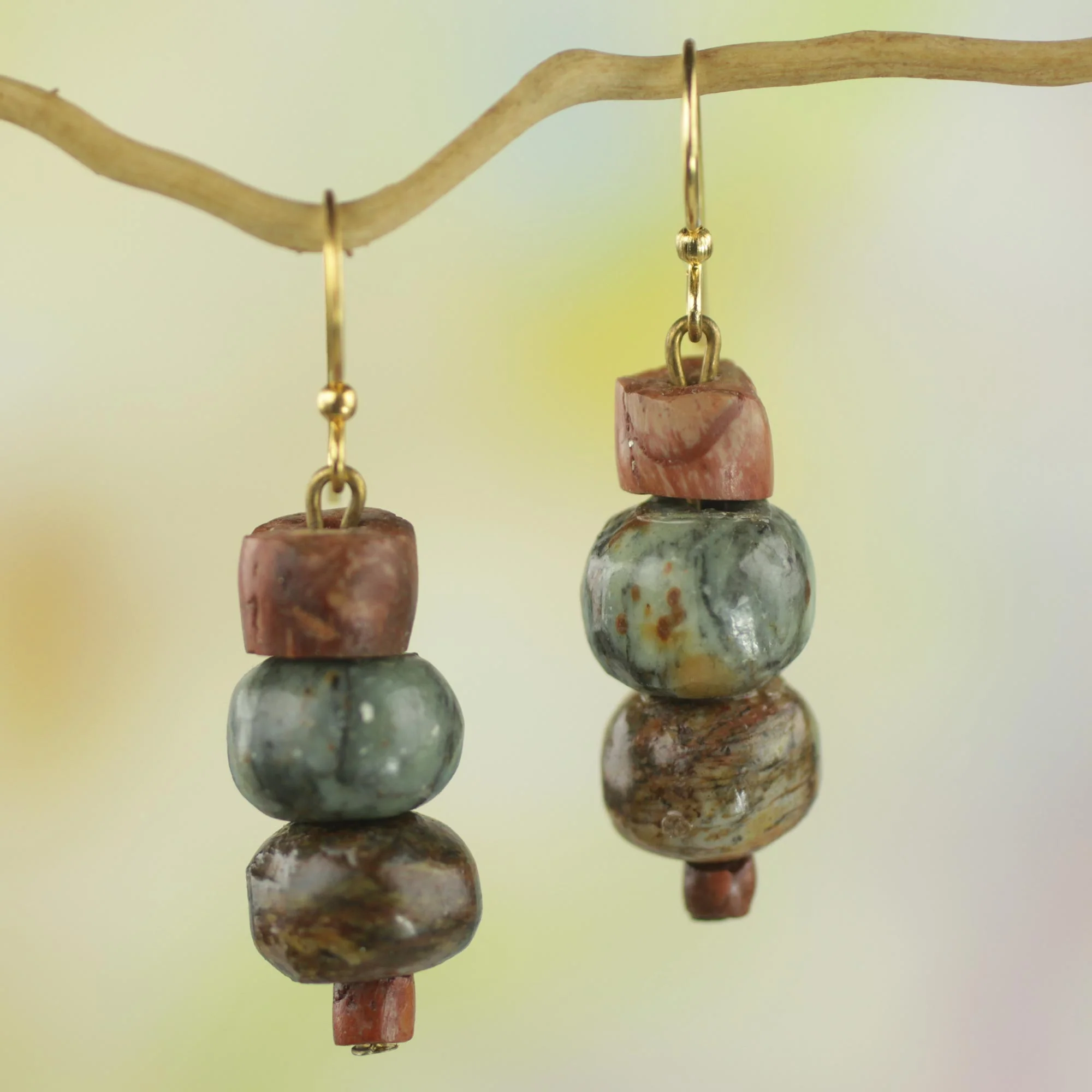 Rustic Joy Soapstone and Bauxite Bead Dangle Earrings from Ghana - Image 4