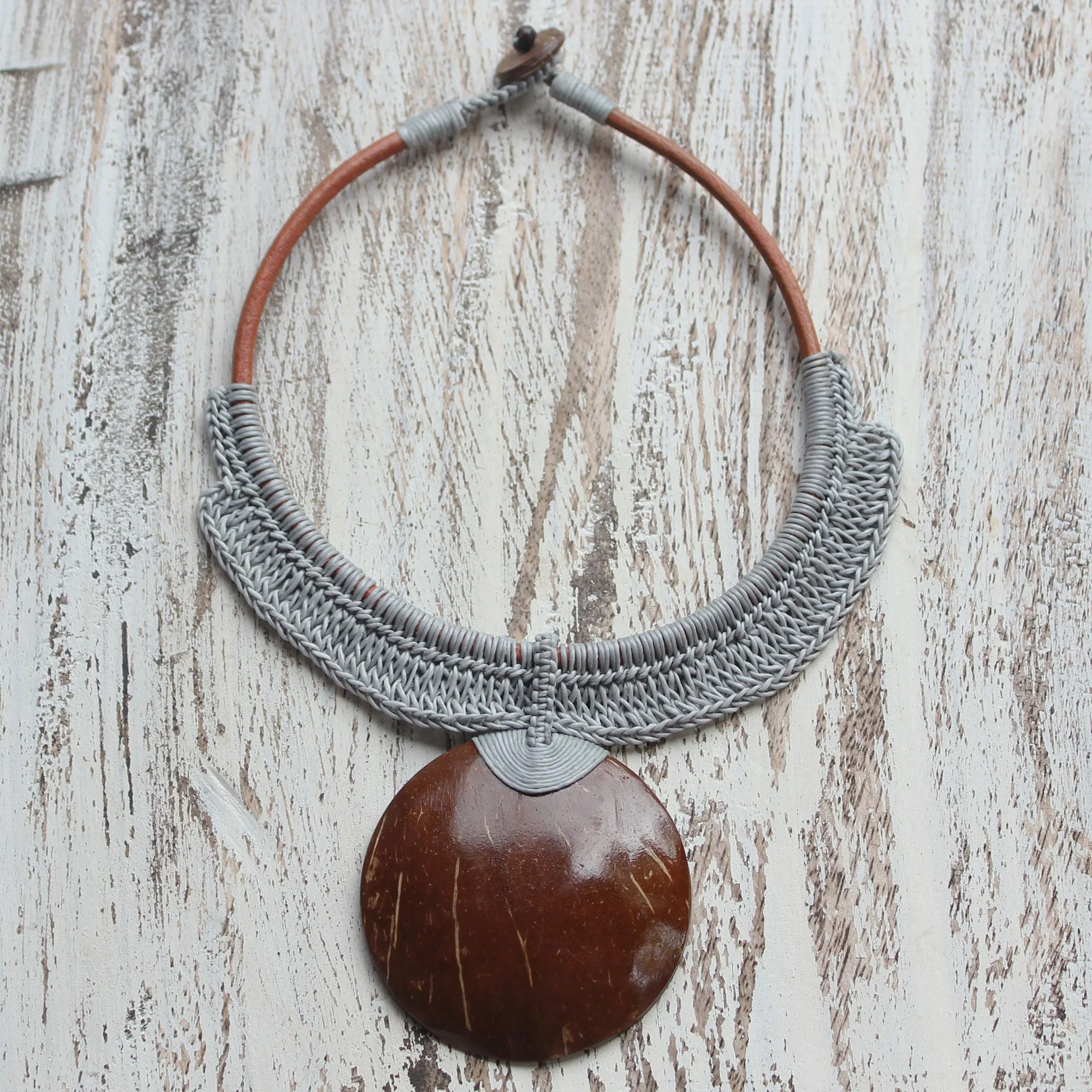 Rustic Moon in Grey Thai Ivory Leather and Coconut Shell Statement Necklace - Image 4