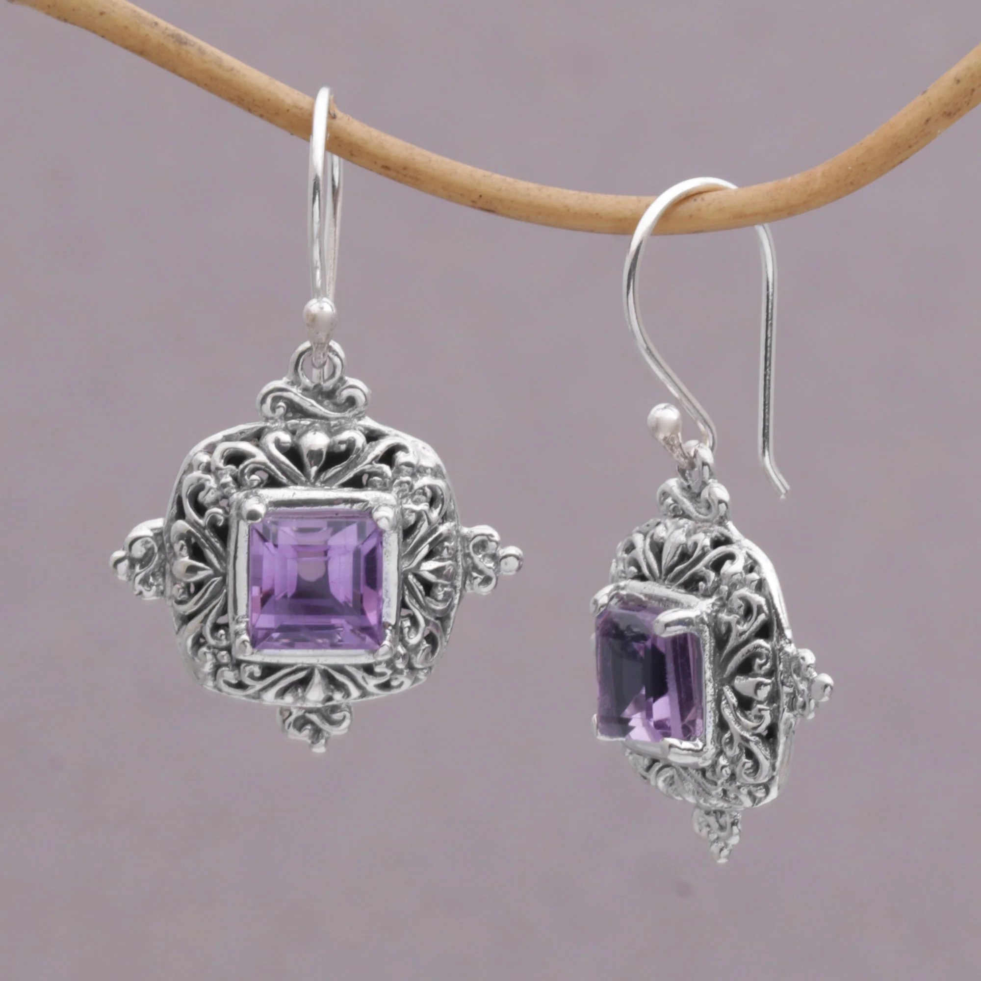 Sacred Altar Square Amethyst and Sterling Silver Earrings from Bali - Image 3