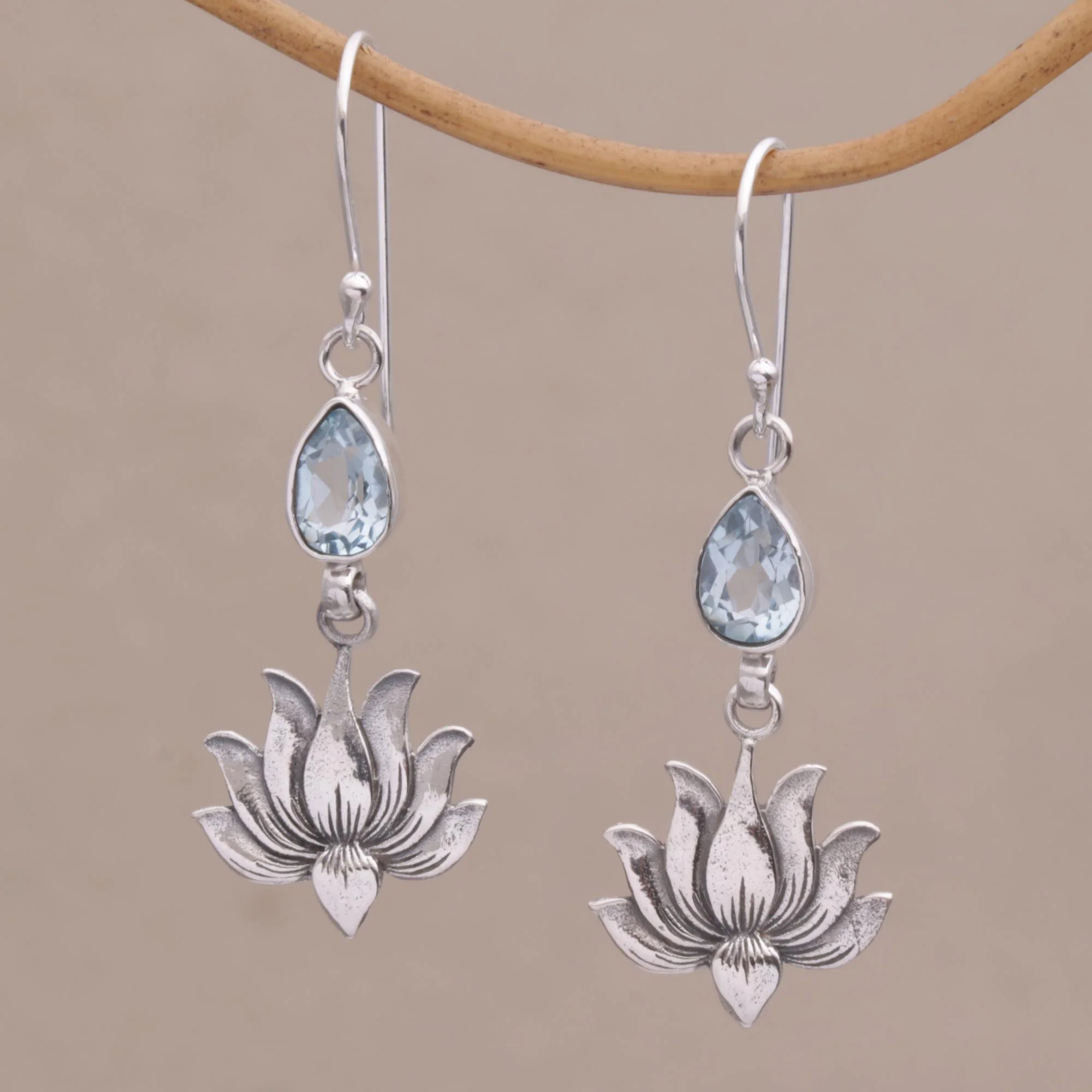 Sacred Bloom 925 Silver Lotus Hook Earrings with Blue Topaz from Bali