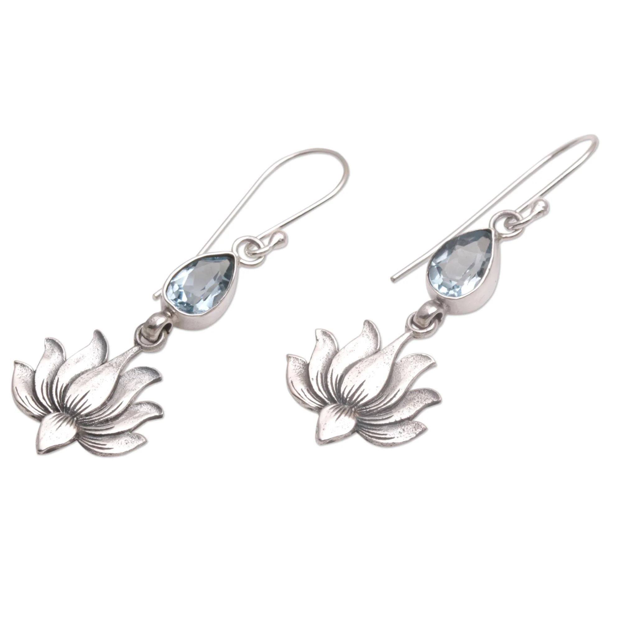 Sacred Bloom 925 Silver Lotus Hook Earrings with Blue Topaz from Bali - Image 4