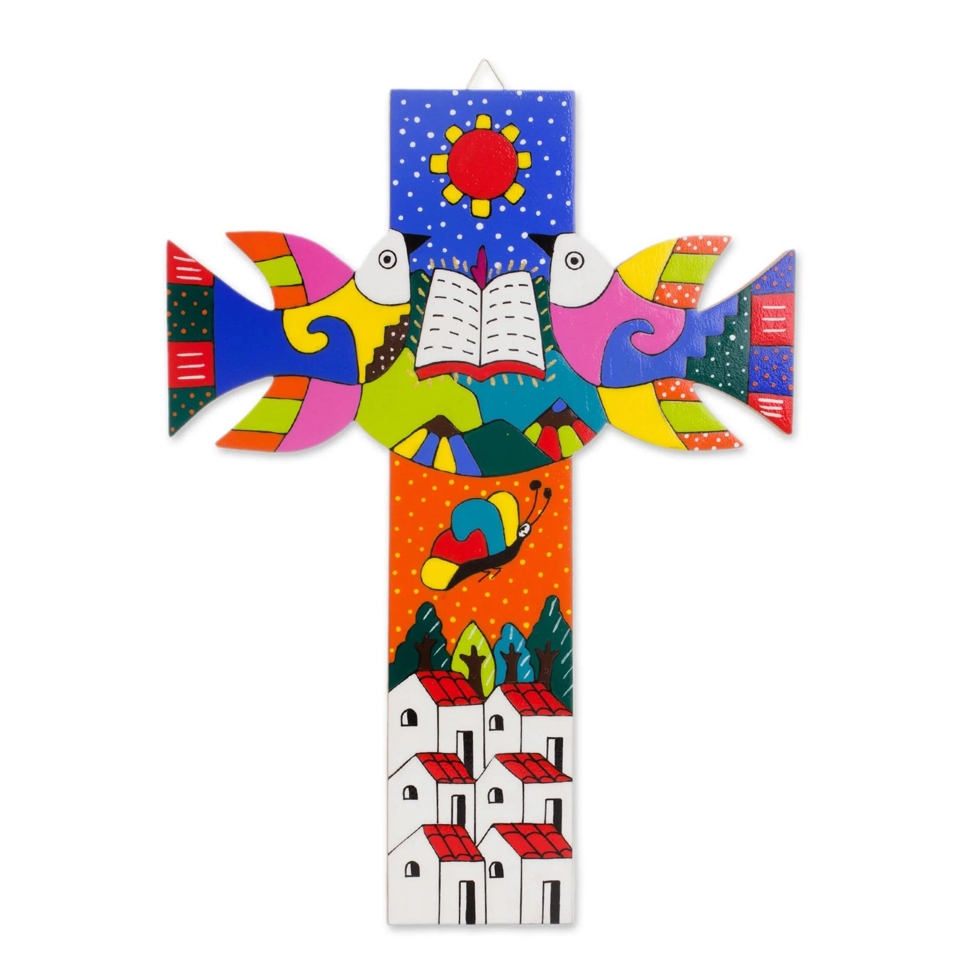 Sacred Book Hand-Painted Pinewood Wall Cross from El Salvador - Image 2