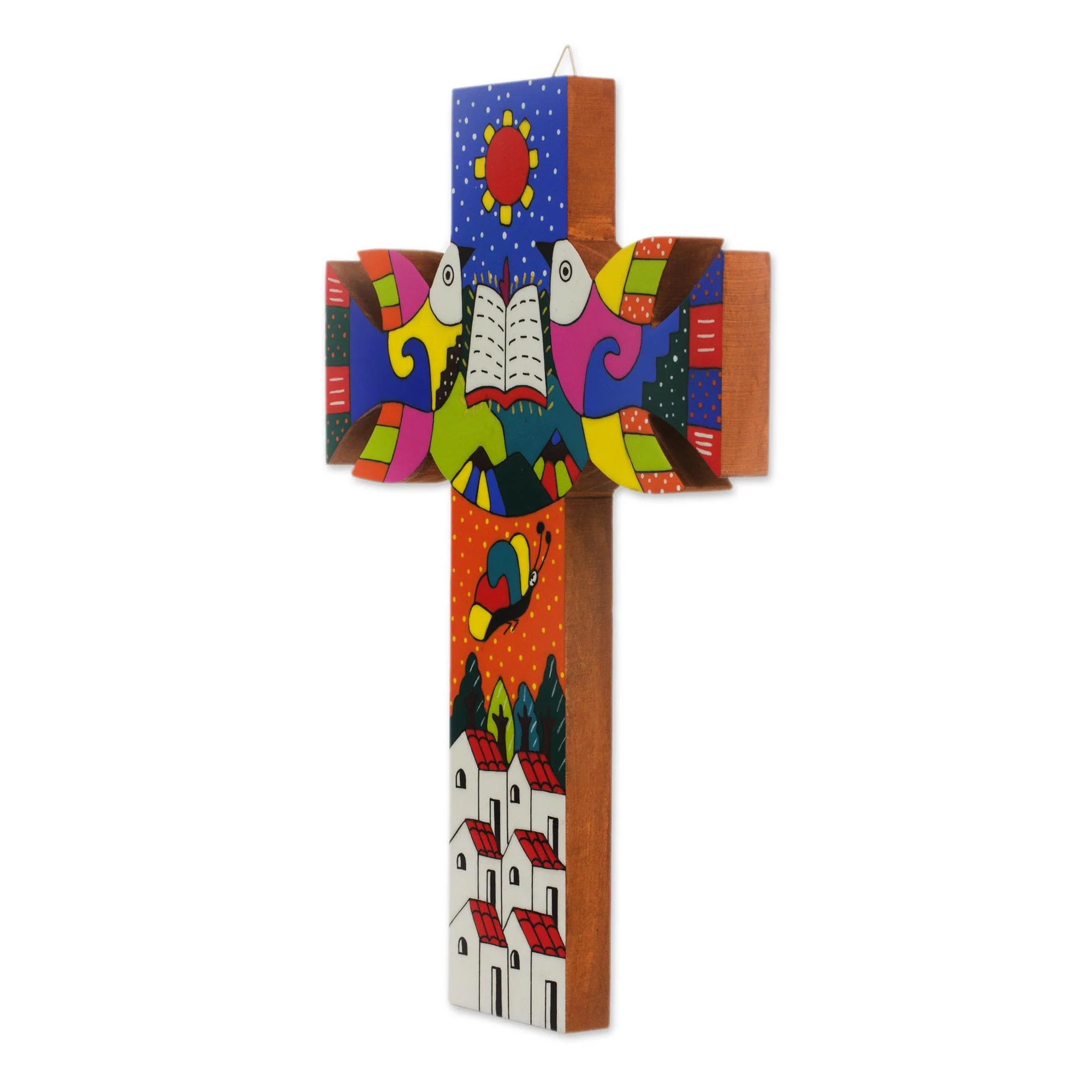 Sacred Book Hand-Painted Pinewood Wall Cross from El Salvador - Image 3