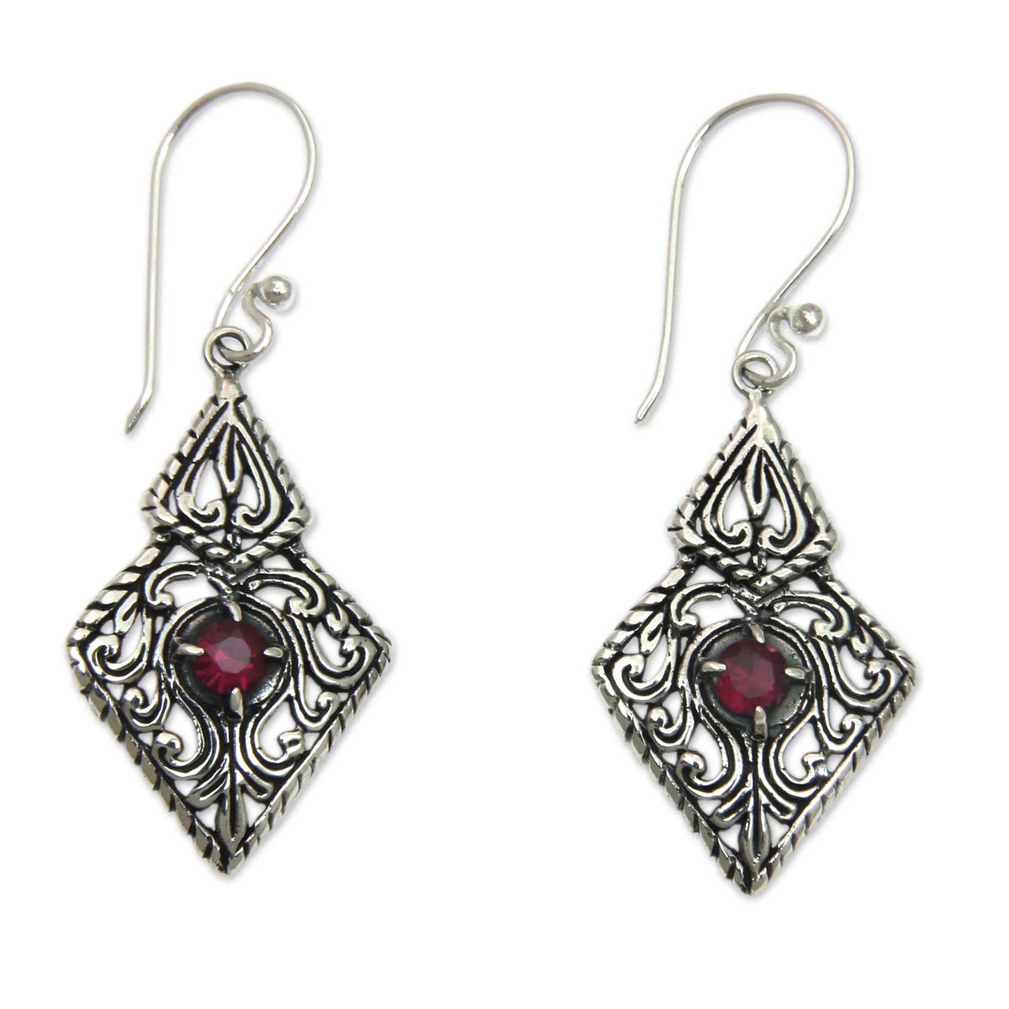 Sacred Forest Fair Trade Sterling Silver and Garnet Ornate Dangle Earrings - Image 2