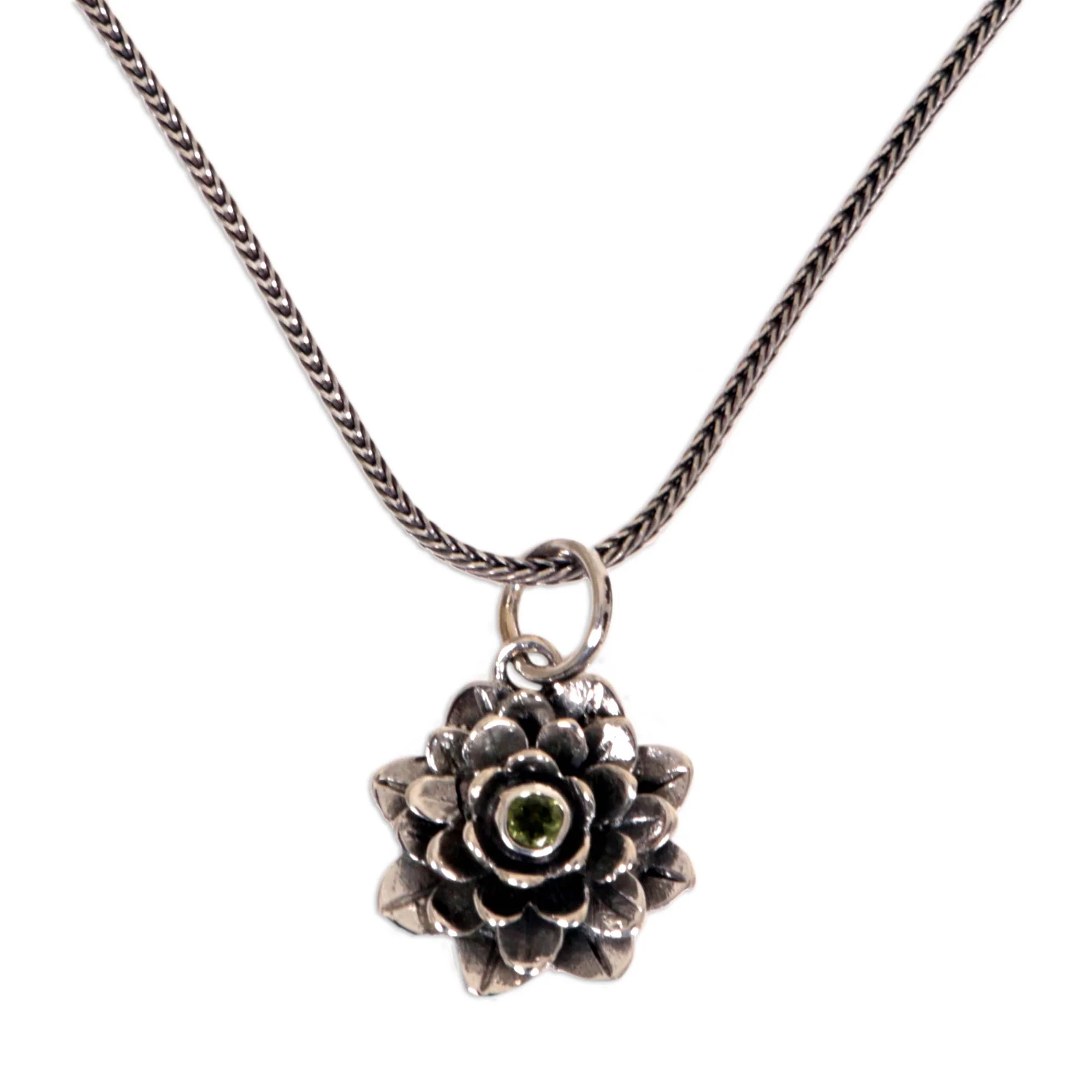 Sacred Green Lotus Floral Sterling Silver and Peridot Pendant Necklace - Image 2