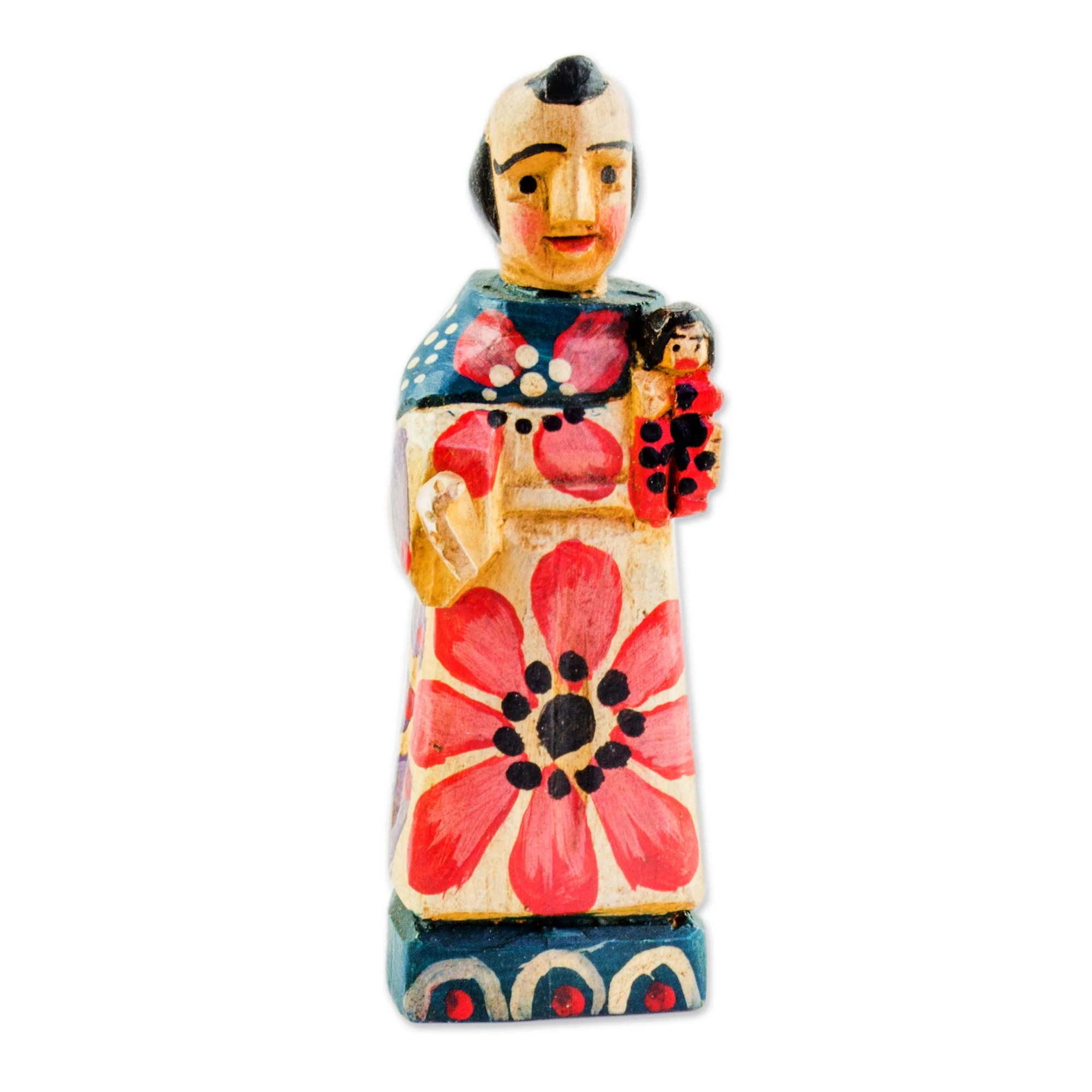 Saint and Child Hand Painted Pinewood Saint Anthony Figurine from Guatemala - Image 2