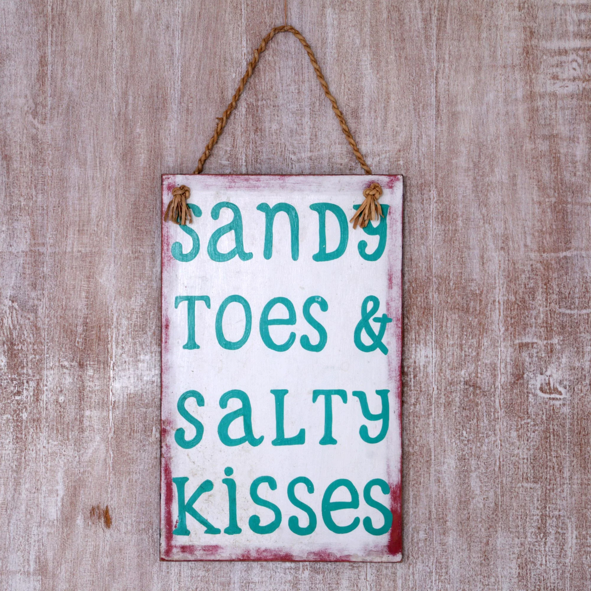 Sandy Toes and Salty Kisses Hand Made White Wood Beach Sign from Indonesia - Image 3