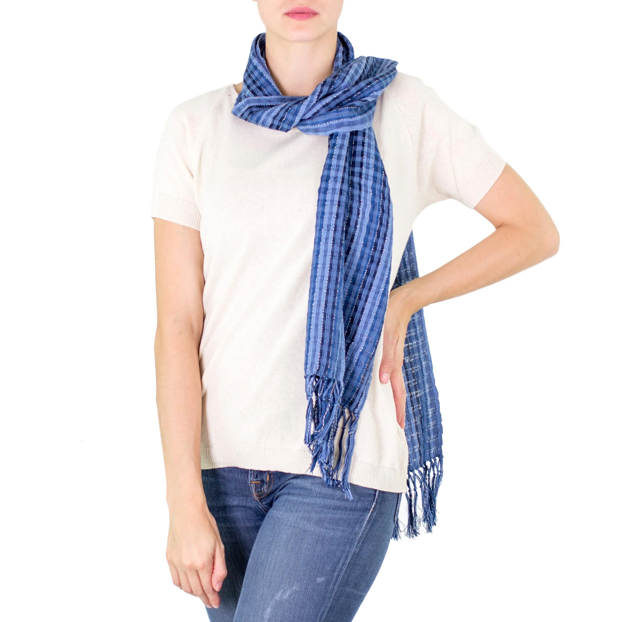 Sapphire Nahualateis River Fair Trade Blue Cotton Scarf - Image 3