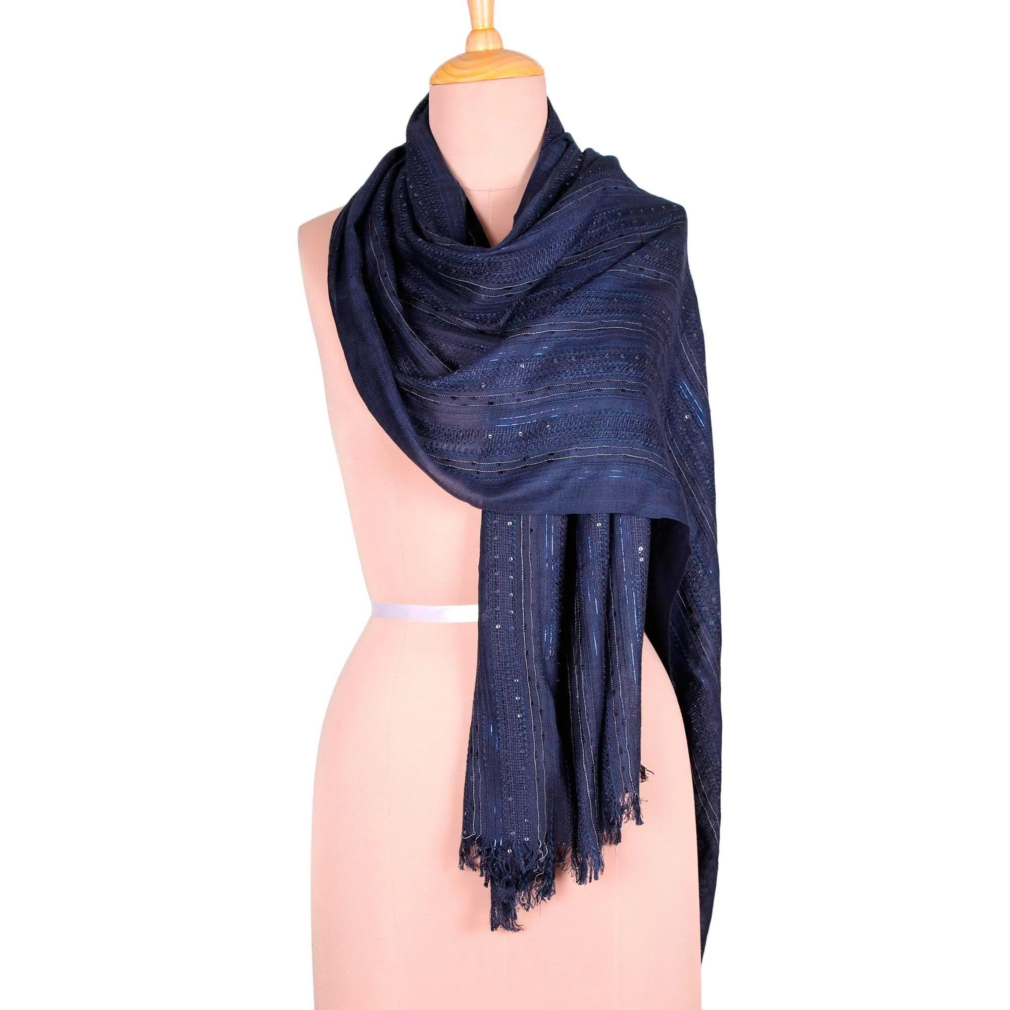 Sapphire Shimmer Embellished Viscose Blend Shawl in Indigo from India - Image 2