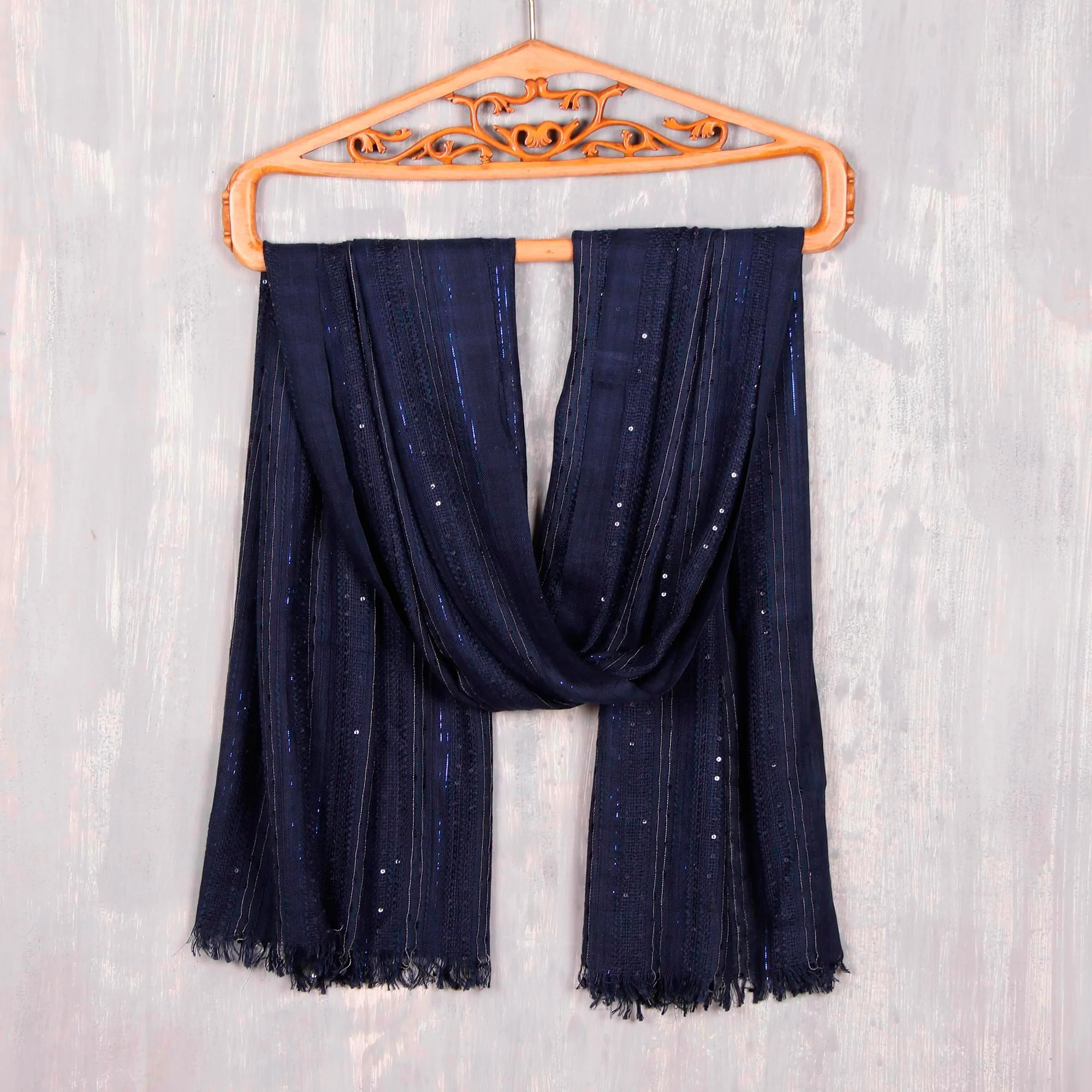 Sapphire Shimmer Embellished Viscose Blend Shawl in Indigo from India - Image 3