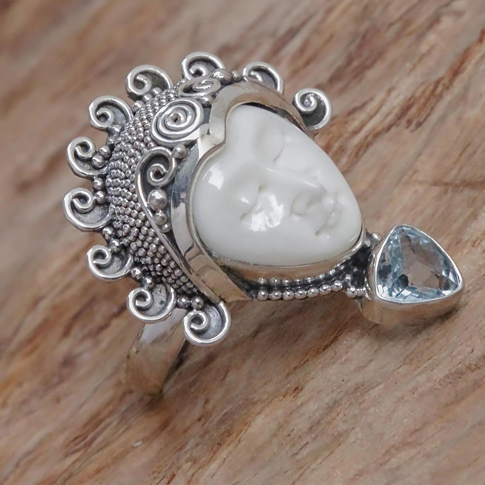 Saraswati Face Blue Topaz Sterling Silver Bone Cocktail Ring from Bali - Image 3
