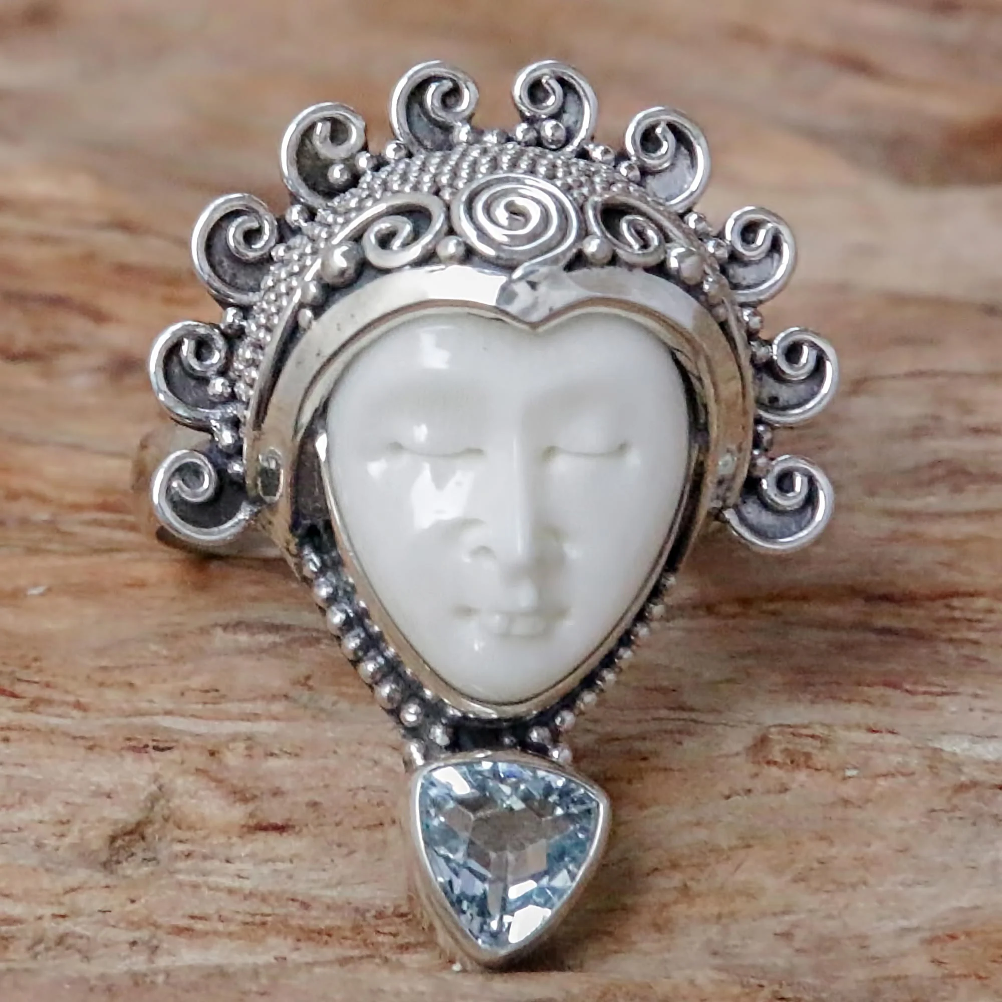 Saraswati Face Blue Topaz Sterling Silver Bone Cocktail Ring from Bali - Image 4