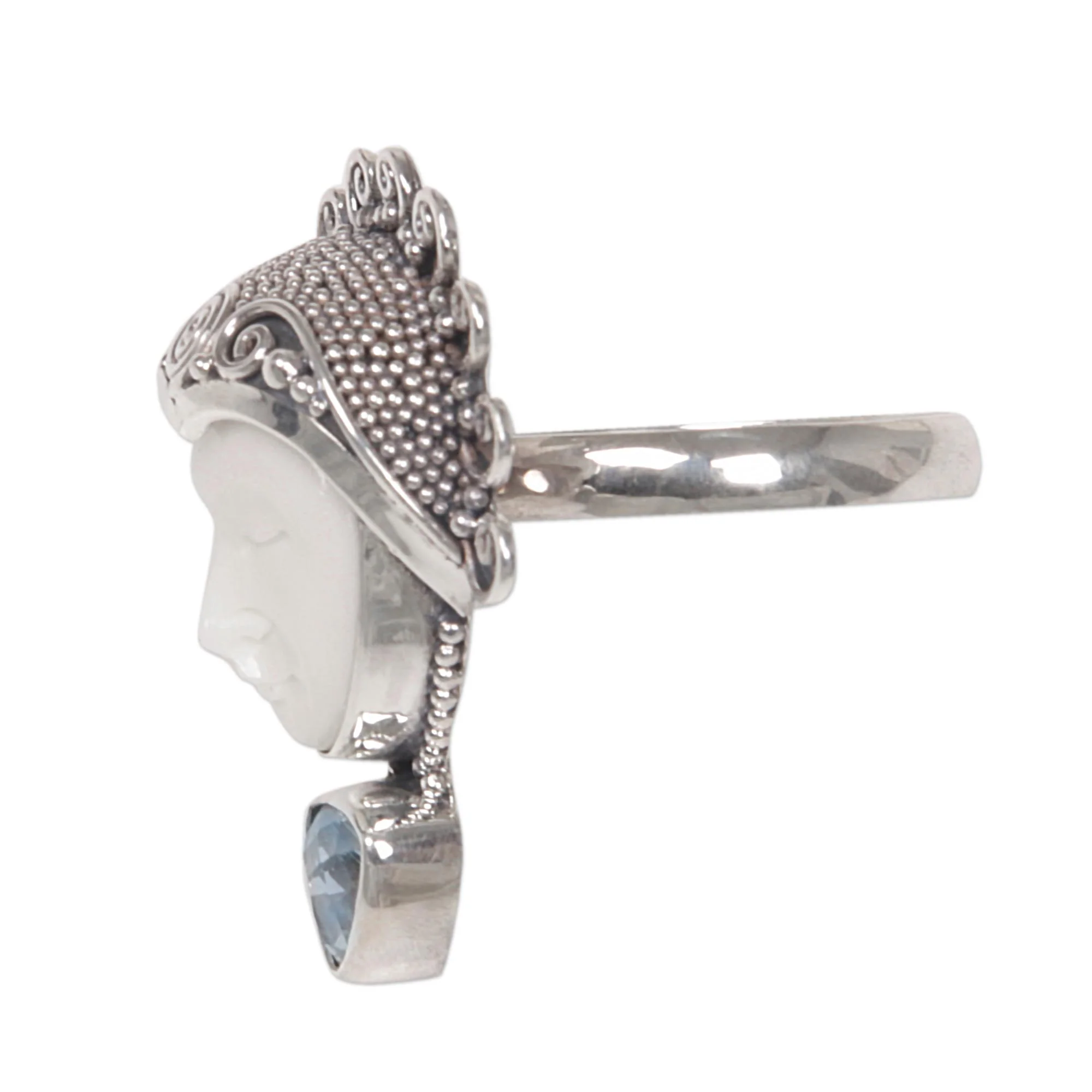 Saraswati Face Blue Topaz Sterling Silver Bone Cocktail Ring from Bali - Image 5