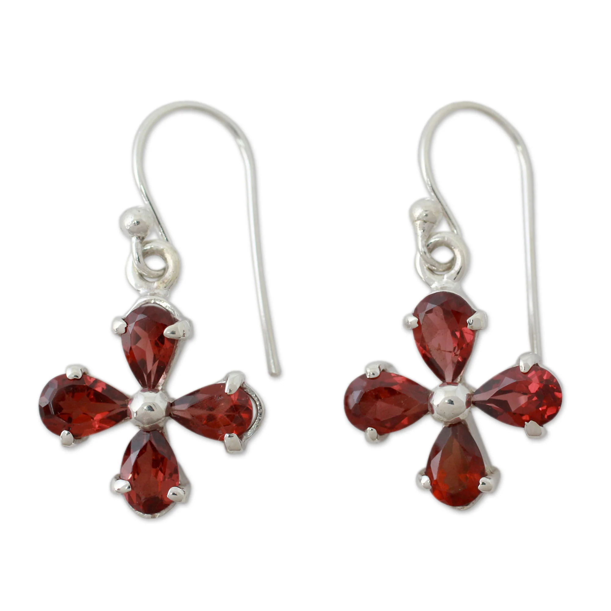 Scarlet Blossom Genuine Garnet Flower Earrings in 925 Sterling Silver - Image 2