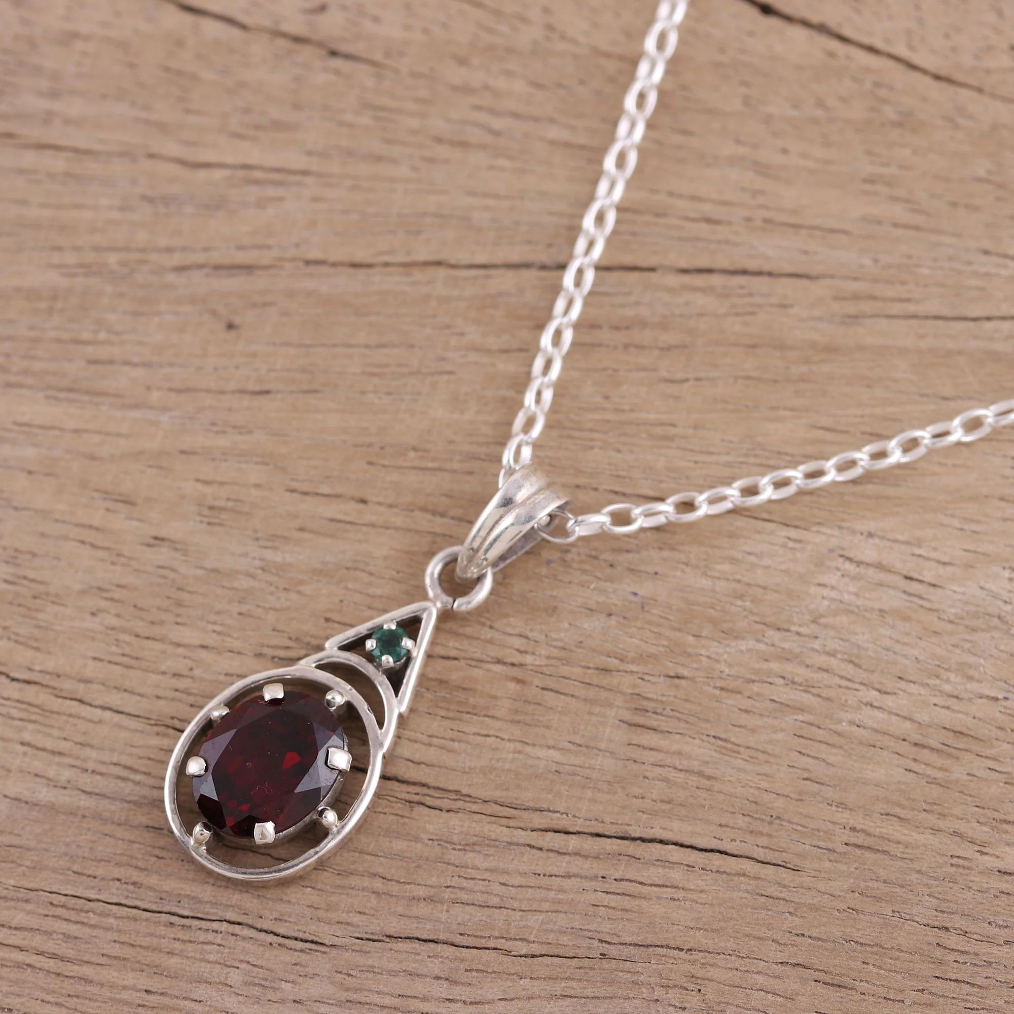 Scarlet Joy Garnet and Emerald Pendant Necklace from India - Image 3