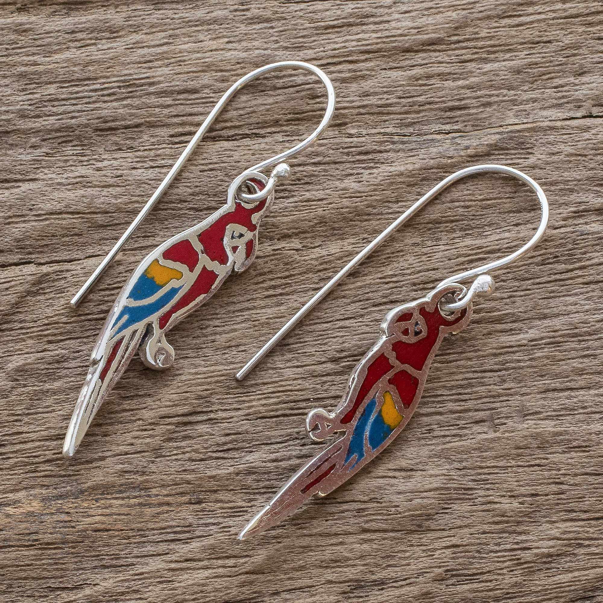 Scarlet Macaws Enameled Sterling Silver Costa Rican Macaw Earrings - Image 3