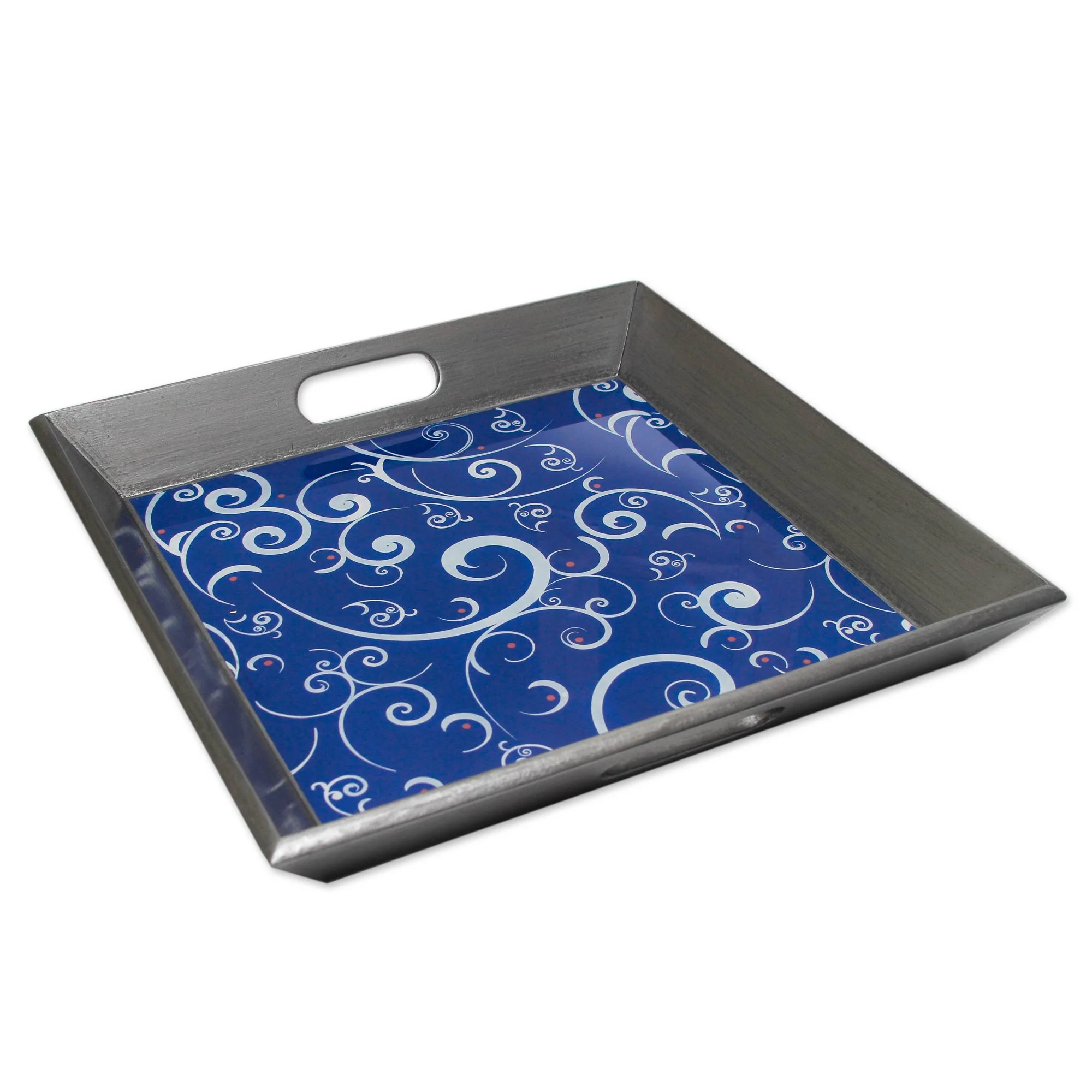 Scintillating Night Peruvian Hand Painted Glass Blue Silver Tray - Image 2