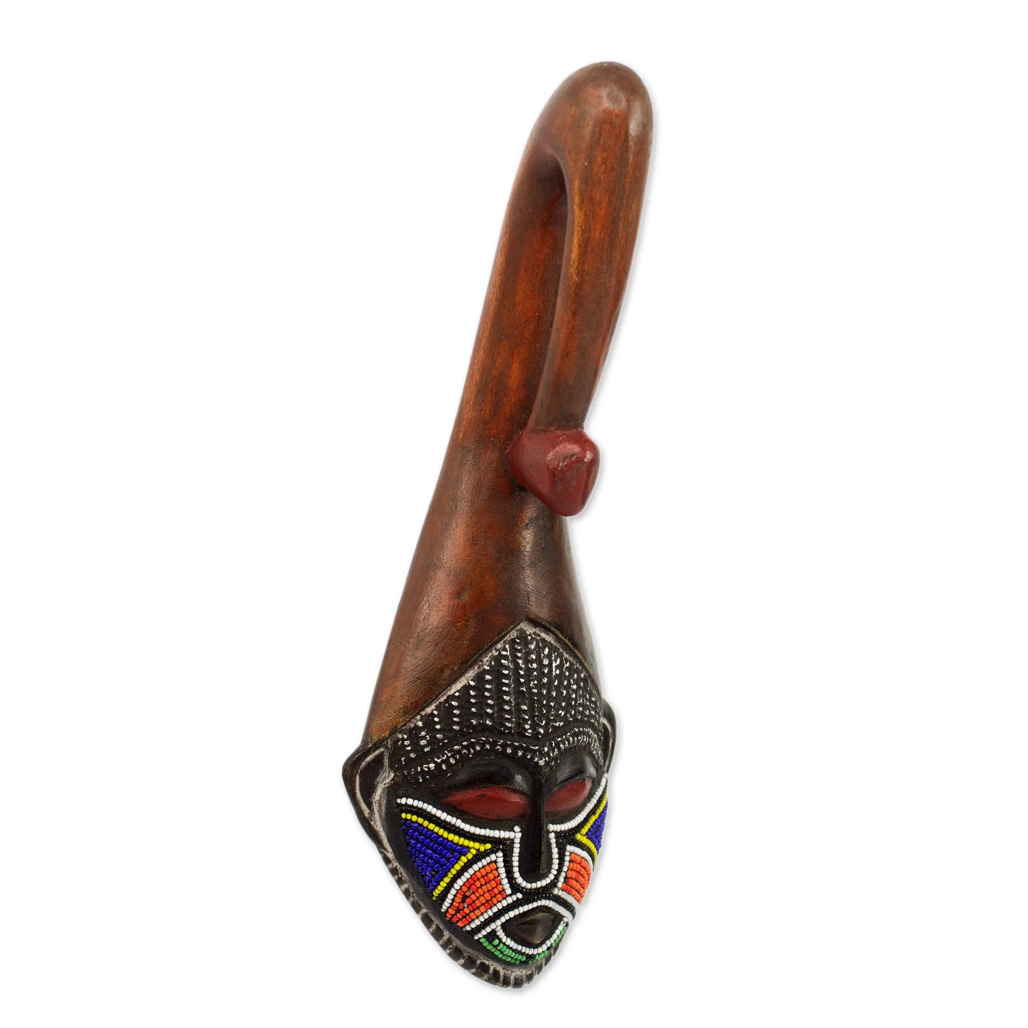 Scorpion Face Brown Wood Aluminum Recycled Glass Bead African Mask Ghana - Image 3