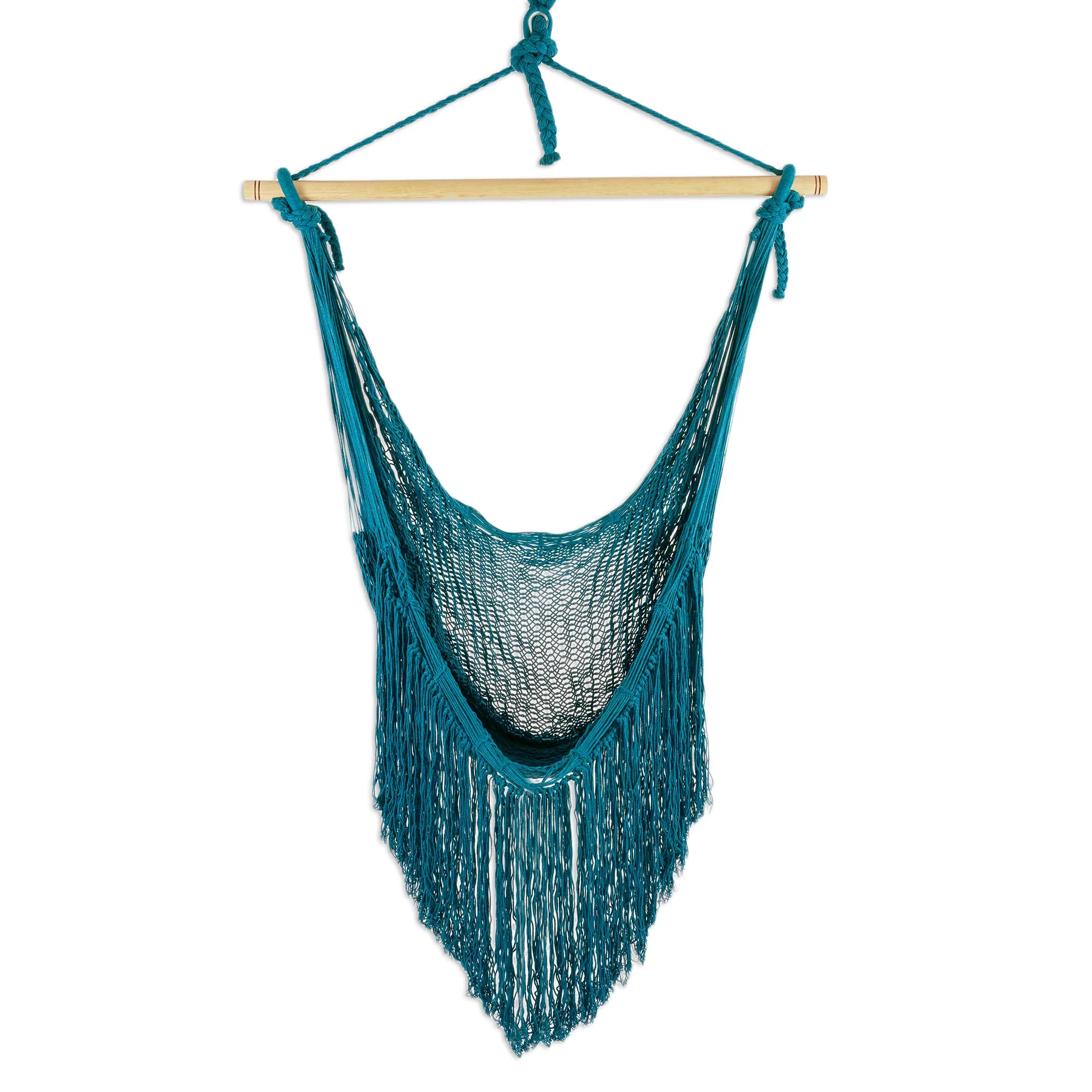 Sea Breezes in Teal Fringed Teal Cotton Rope Mayan Hammock Swing from Mexico - Image 2