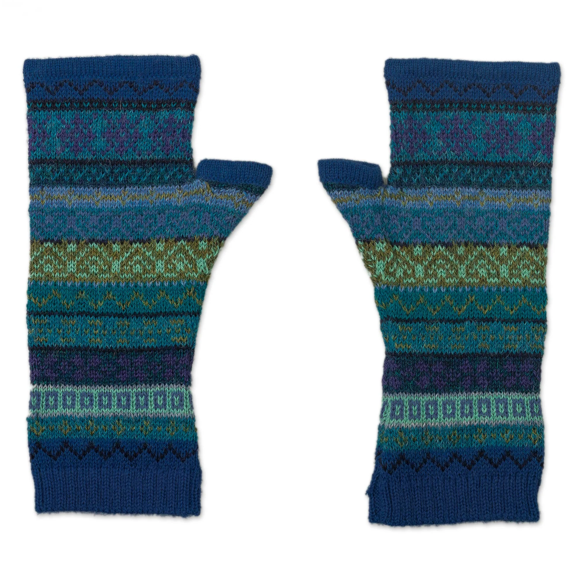 Sea Dreams Shades of Blue and Green 100% Alpaca Knit Fingerless Mitts - Image 2