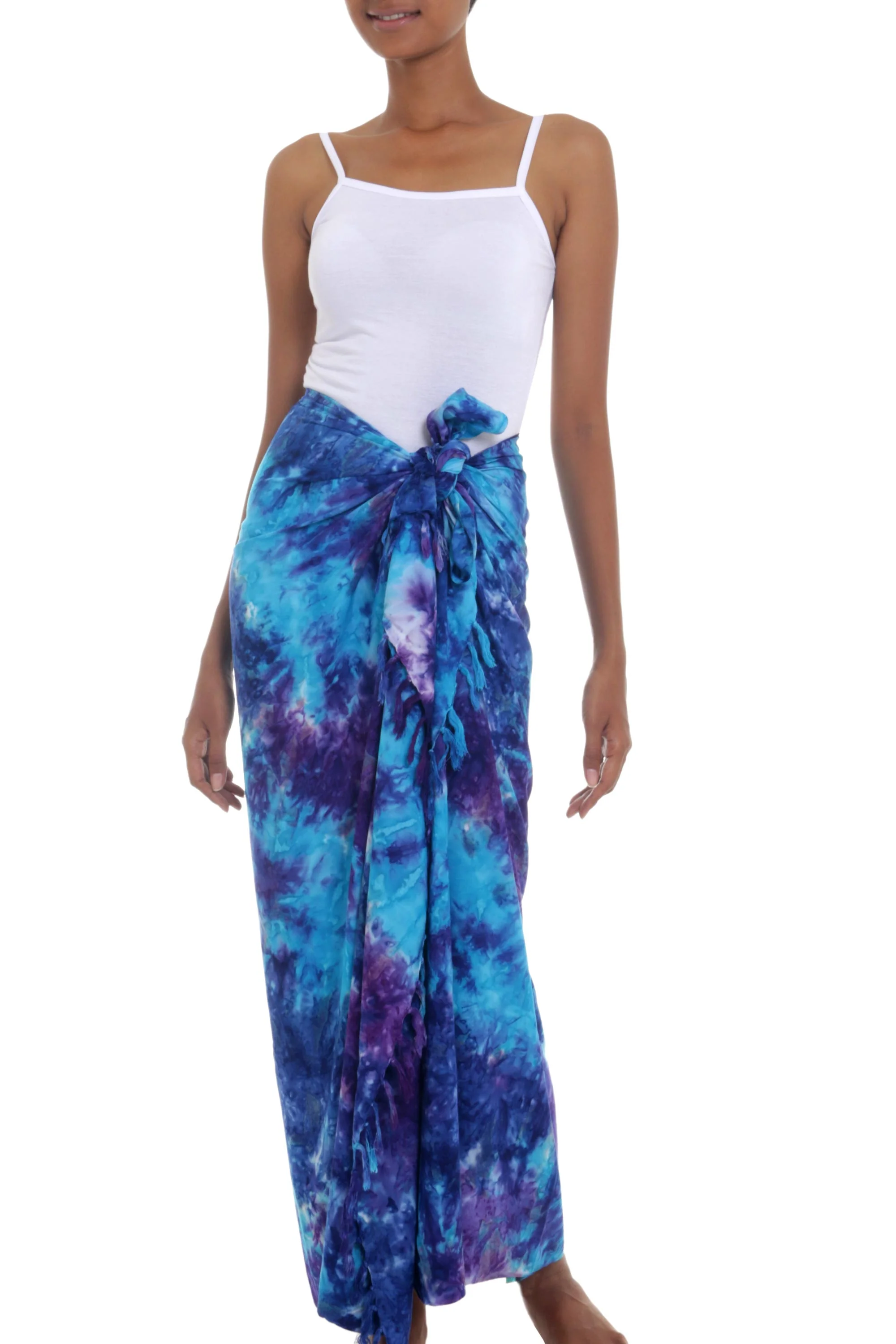 Sea Glass Rayon Tied Dyed Sarong in Assorted Shades of Blue and Purple - Image 2
