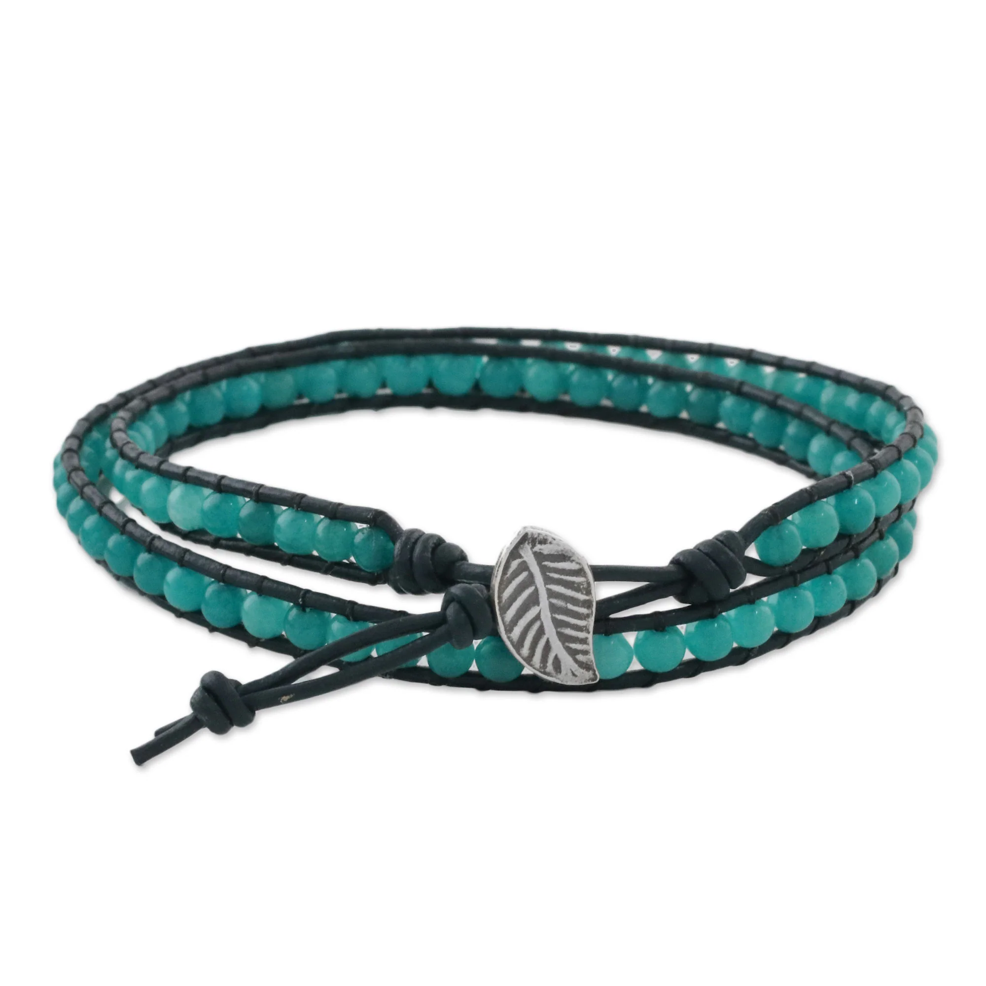 Sea Window Karen Silver Leaf Aqua Blue Quartz Beaded Wrap Bracelet - Image 2